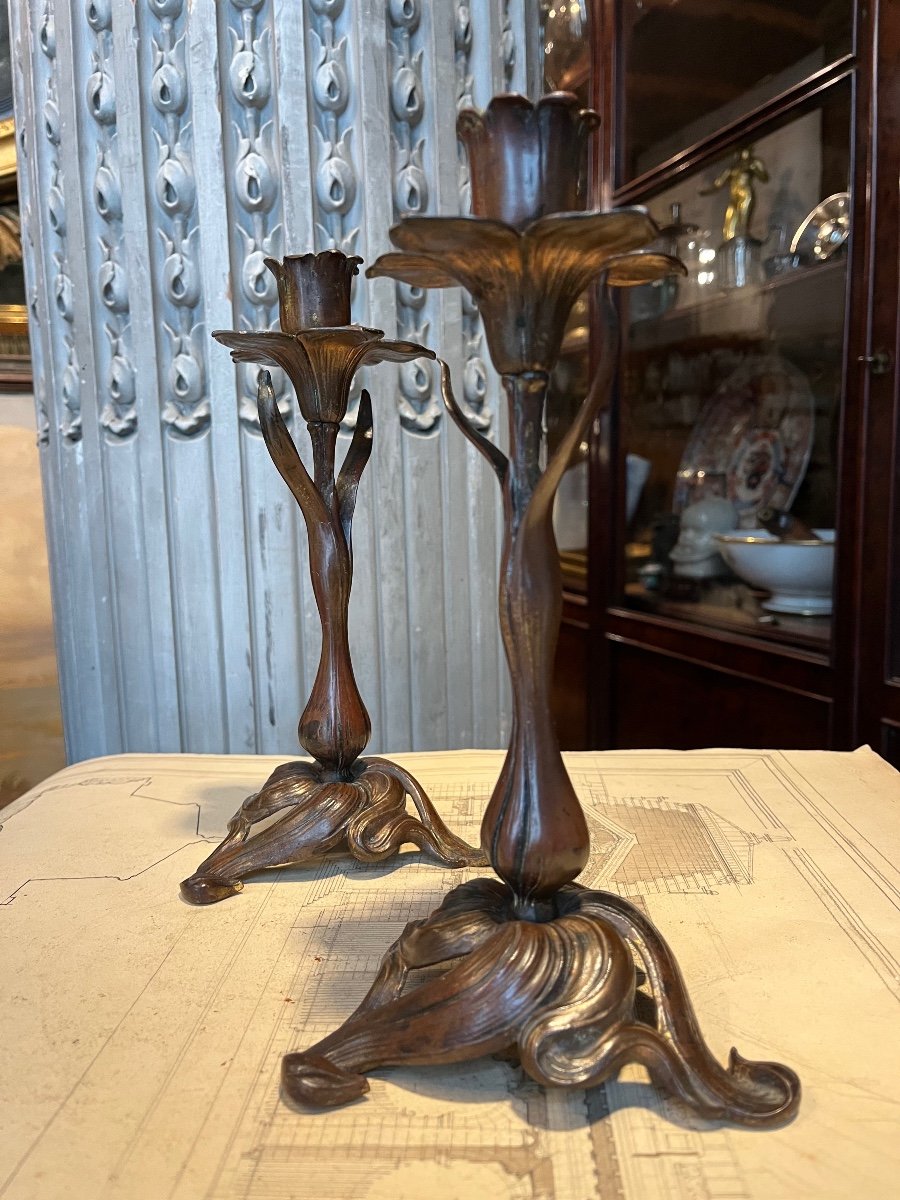 Art Nouveau Candlesticks In Bronze.-photo-2