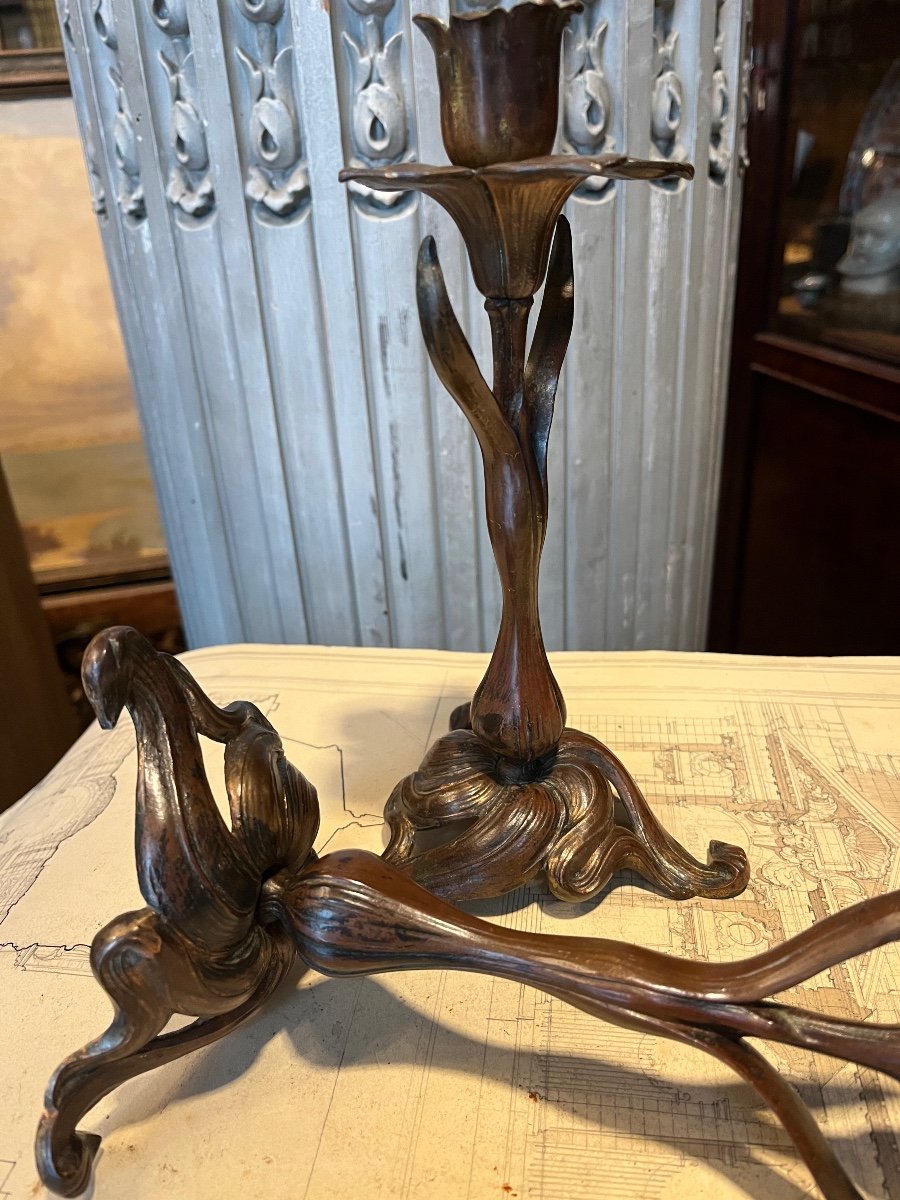 Art Nouveau Candlesticks In Bronze.-photo-1