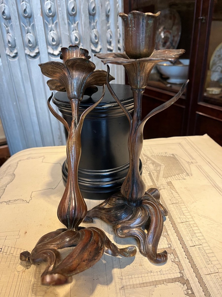 Art Nouveau Candlesticks In Bronze.-photo-5