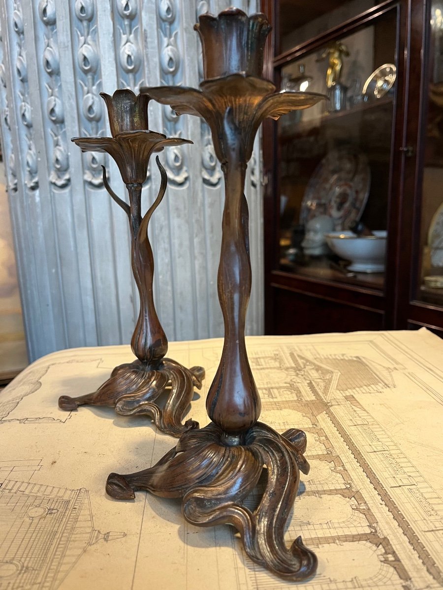 Art Nouveau Candlesticks In Bronze.-photo-8