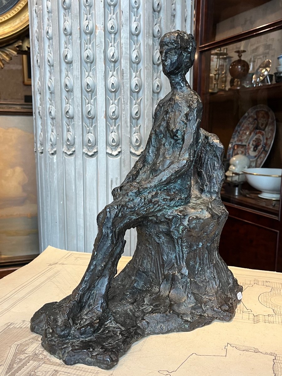 Sculpture En Bronze.Yves  Bodiou .Femme  Assise.-photo-3