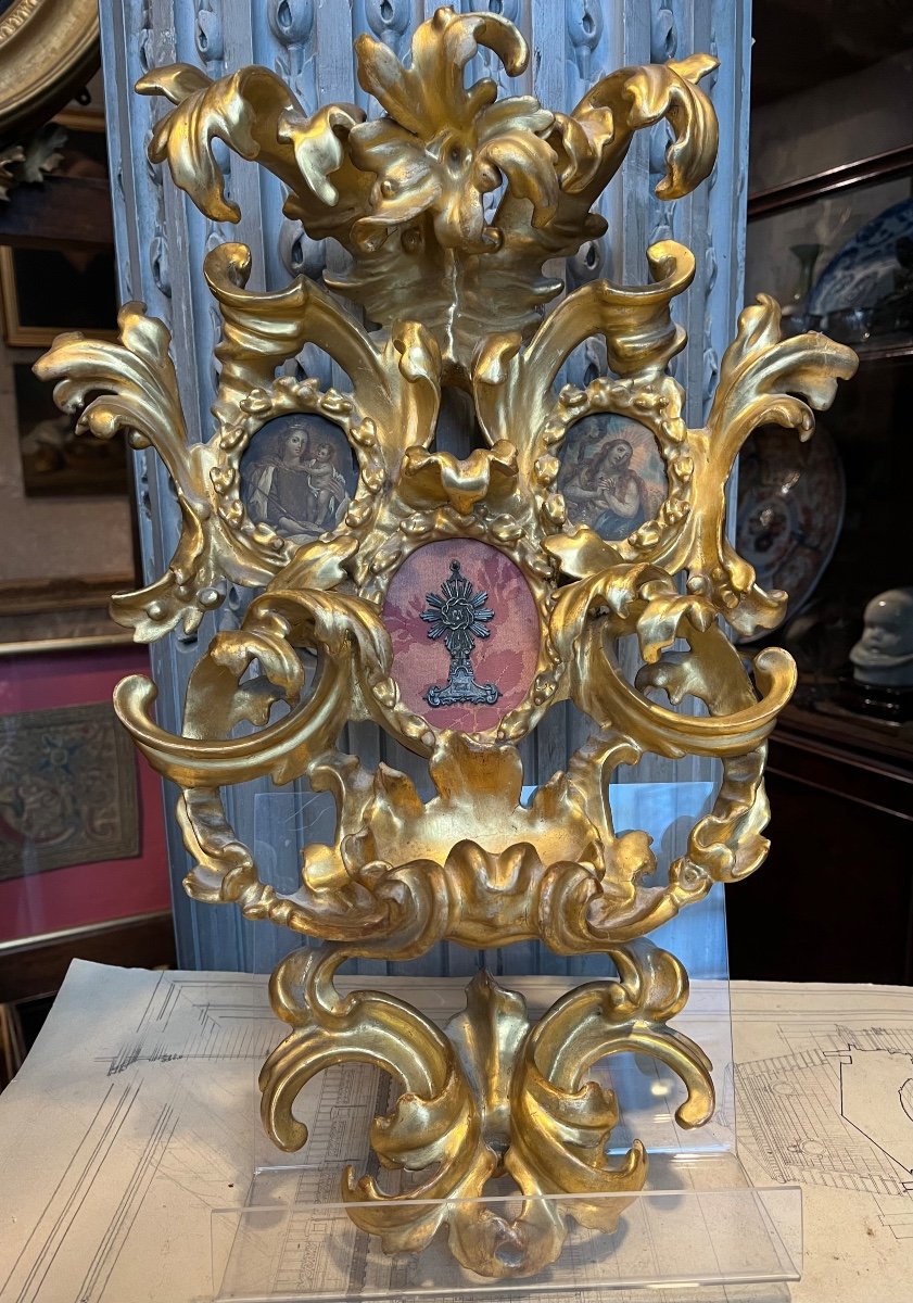 Venetian Carved And Gilded Wooden Holy Water Font.