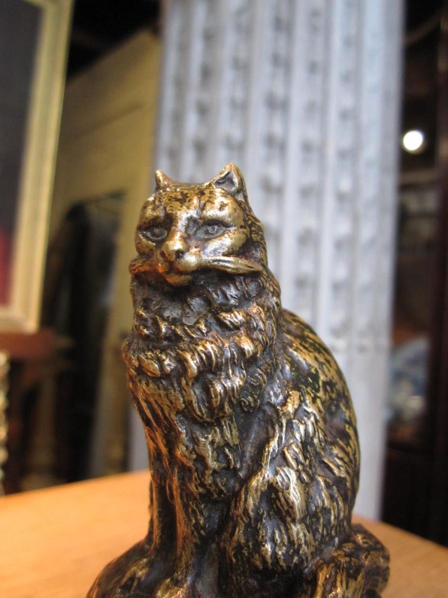 Sitting Bronze Cat In Brown And Black Patina In Absent Party On The Back-photo-6