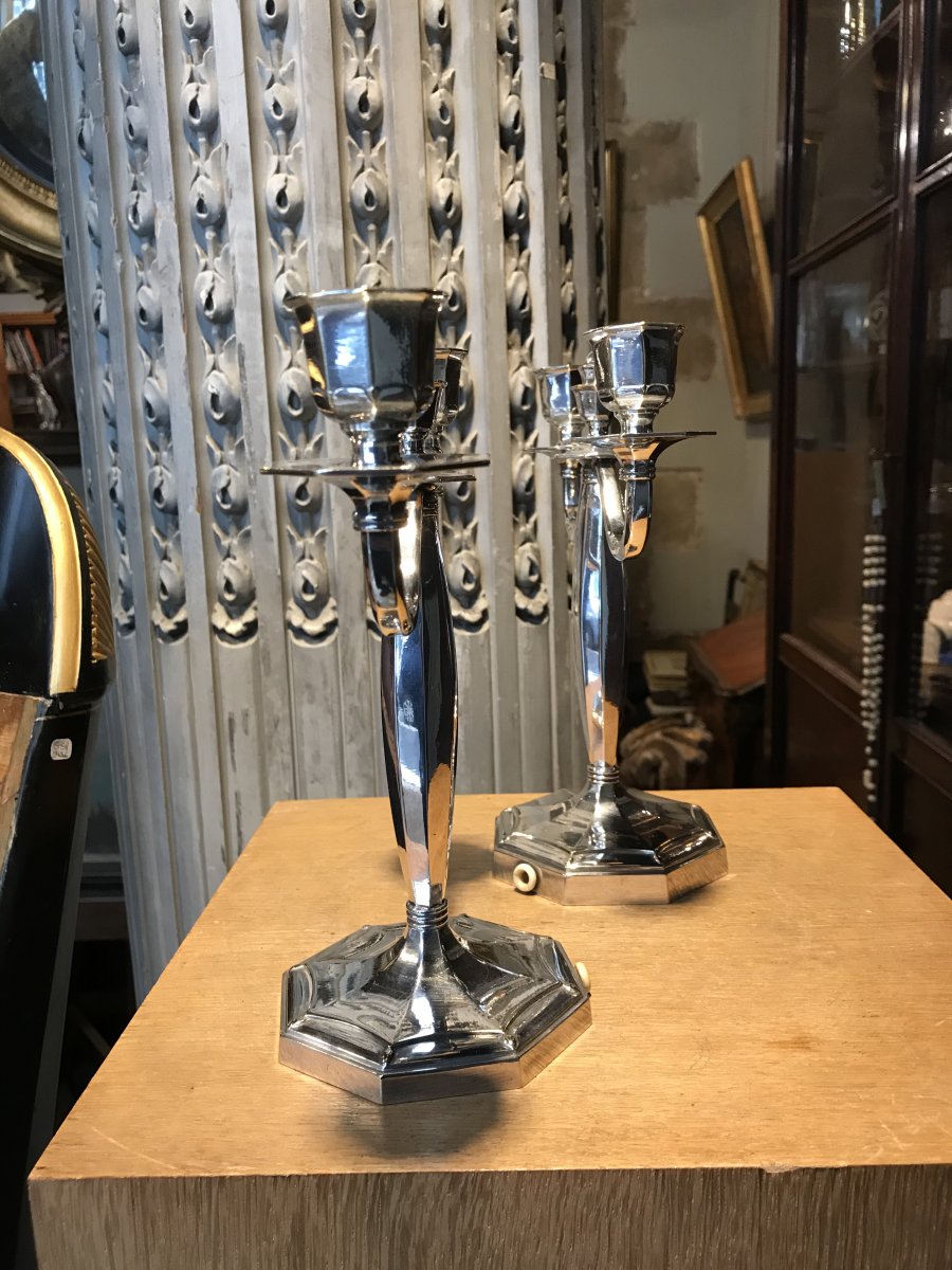 Pair Of Silver Metal Candlesticks From Maison Christofle-photo-2