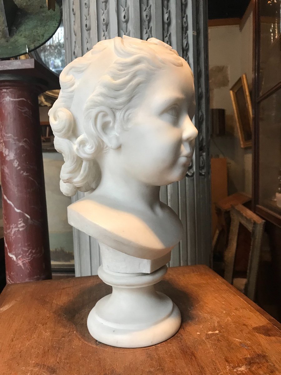 Tête De Jeune Fille, En Marbre Blanc Statuaire.-photo-3