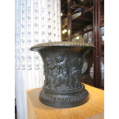 Neo Classical Bronze Vase Decorated With A Round In Friesian Bacchus, Satyrs And Putti.