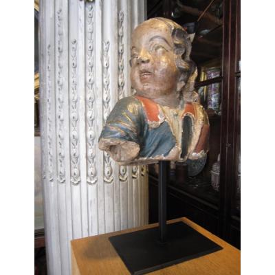 Bust Of Cherub In Polychrome Terracotta, Probably Breton Work Of The Middle Of The 17th.