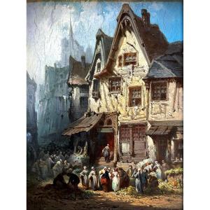 Busy Market Day In Normandy.léonard Saurfelt (1840-1890).