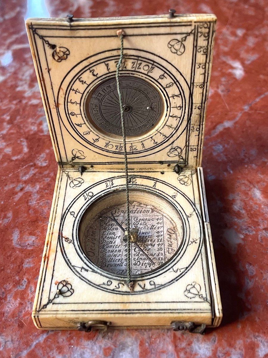 Ivory Diptych Sundial Equinoctial, Lunar And Horizontal 17th Century-photo-2