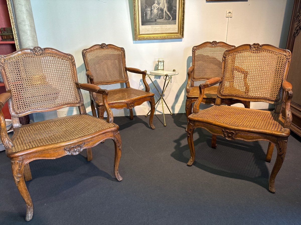 Set Of Four Regency Period Caned Flat-backed Armchairs, Stamped