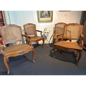 Set Of Four Regency Period Caned Flat-backed Armchairs, Stamped