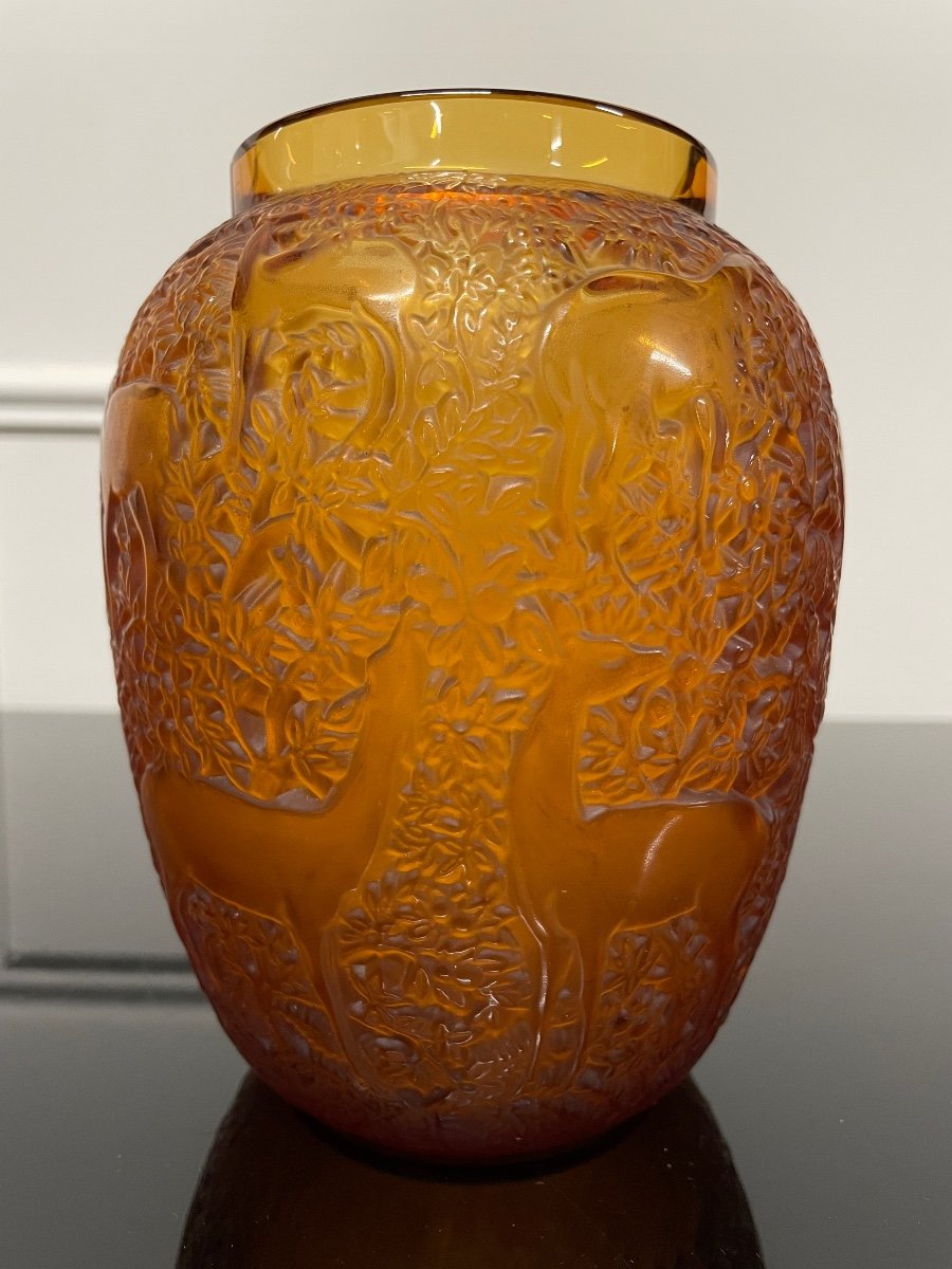 Lalique France - Vase Aux Biches Amber Crystal Art Deco Style-photo-2