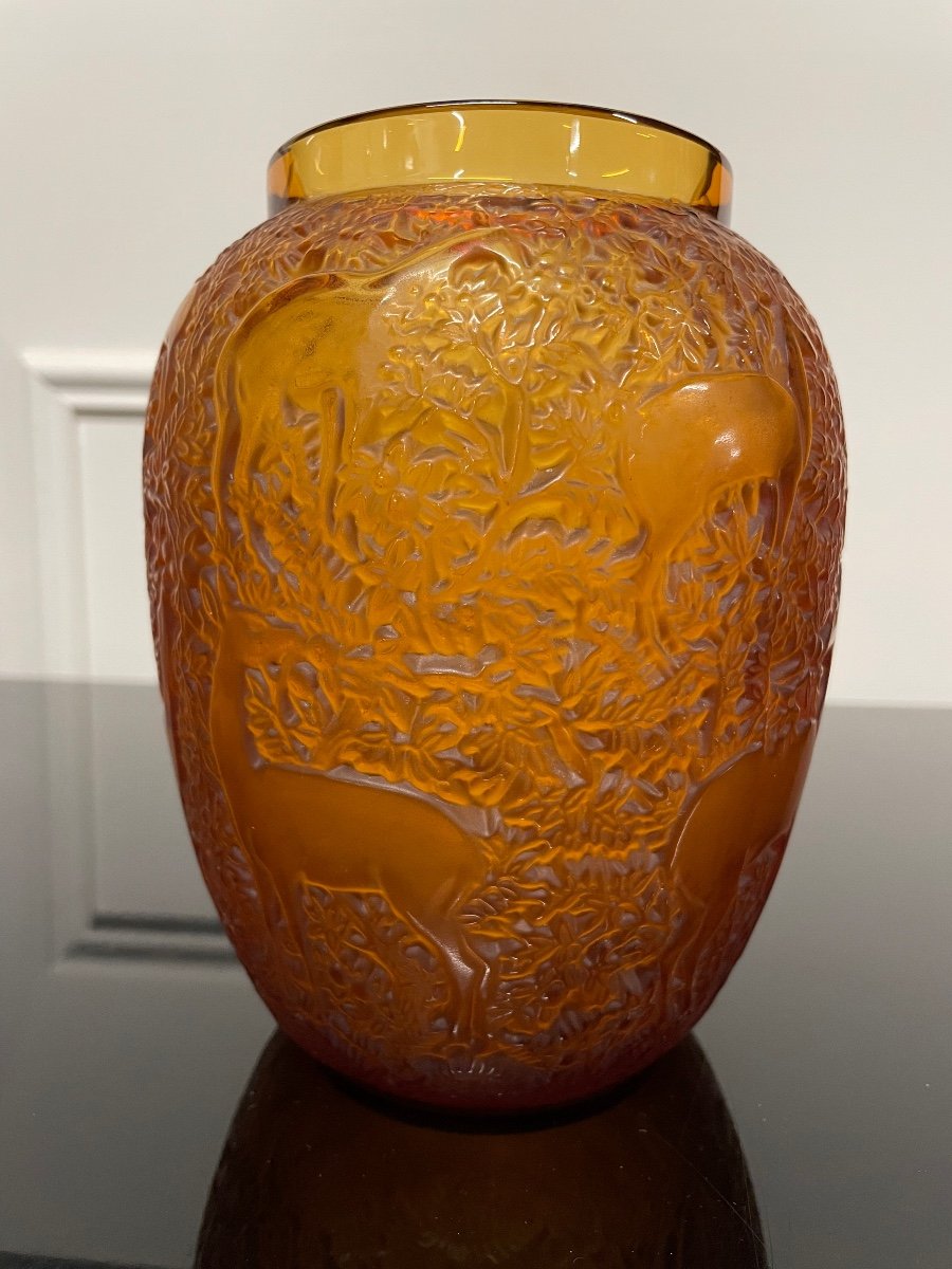 Lalique France - Vase Aux Biches Amber Crystal Art Deco Style-photo-3