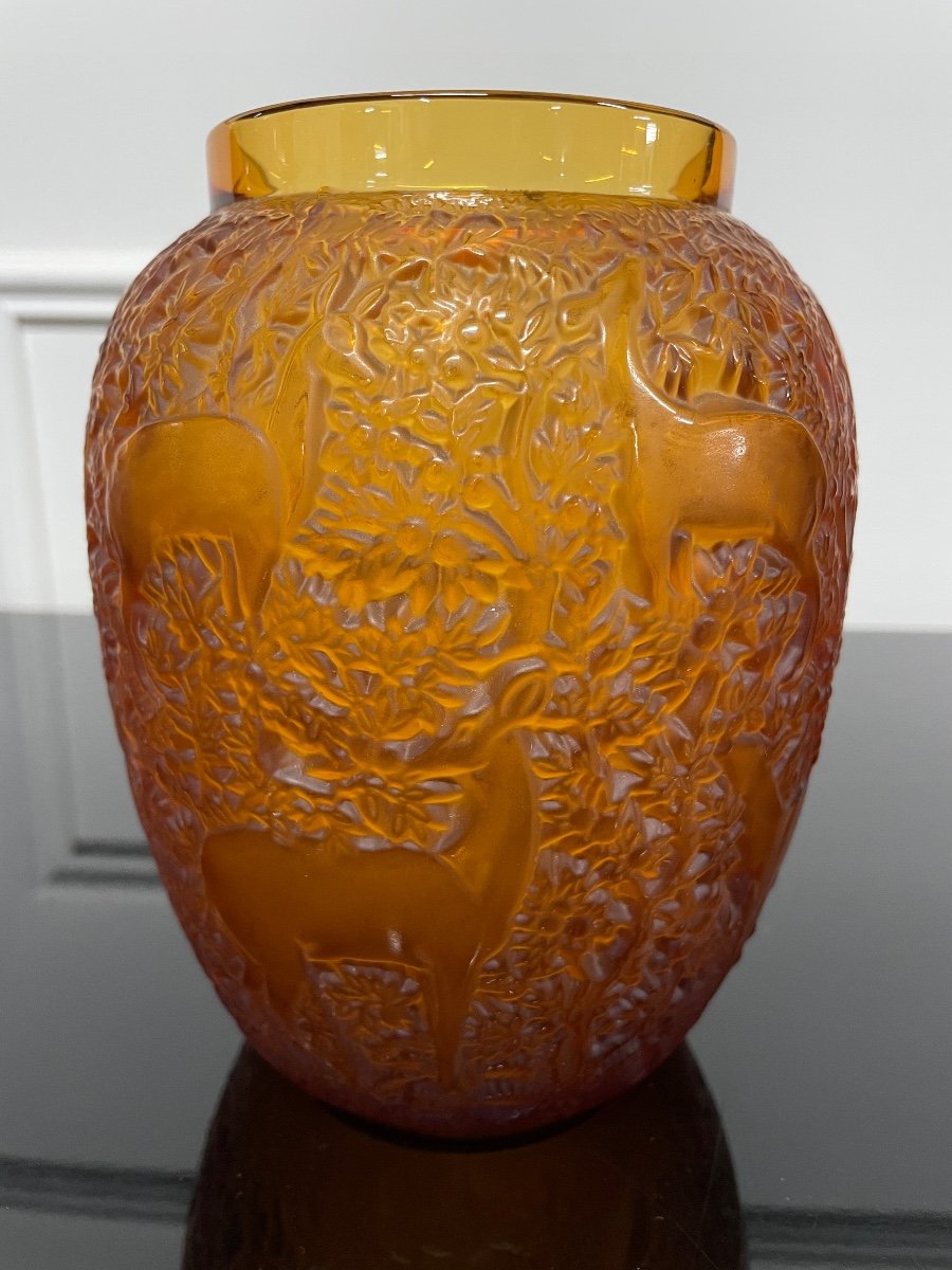 Lalique France - Vase Aux Biches Amber Crystal Art Deco Style-photo-4