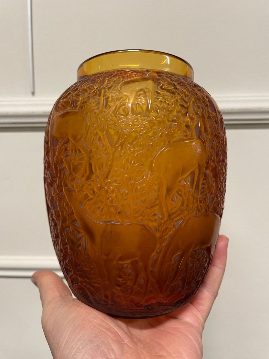 Lalique France - Vase Aux Biches Amber Crystal Art Deco Style-photo-2