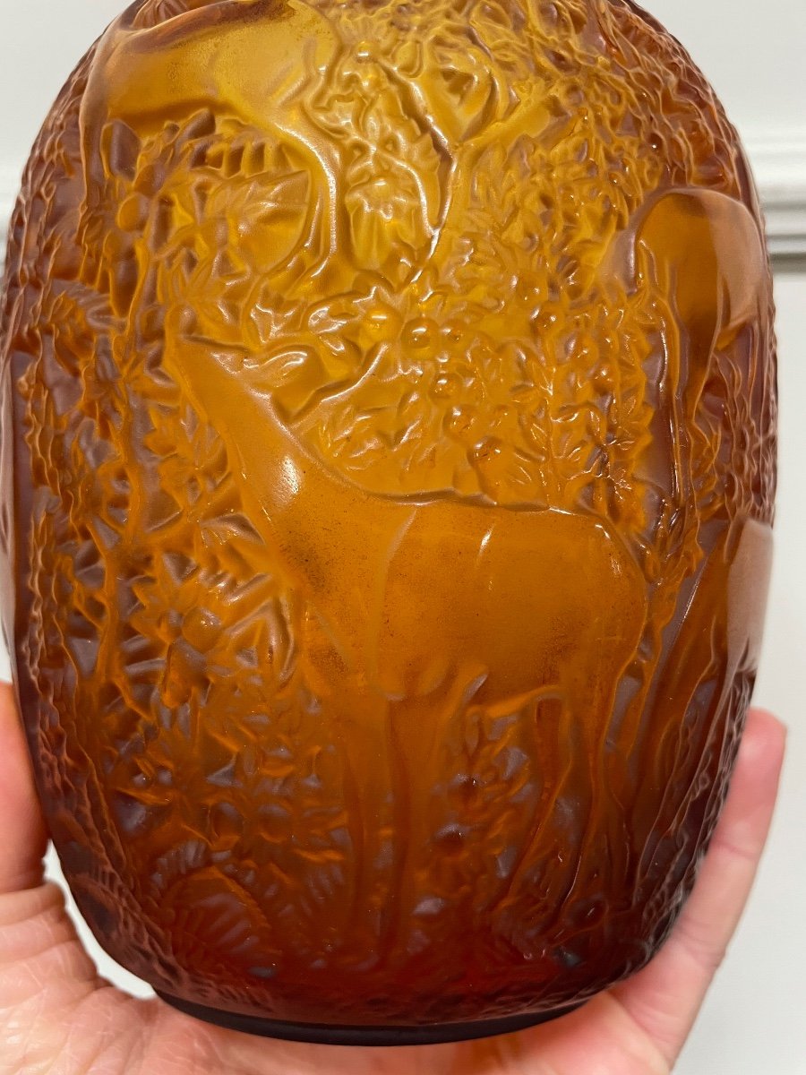 Lalique France - Vase Aux Biches Amber Crystal Art Deco Style-photo-3