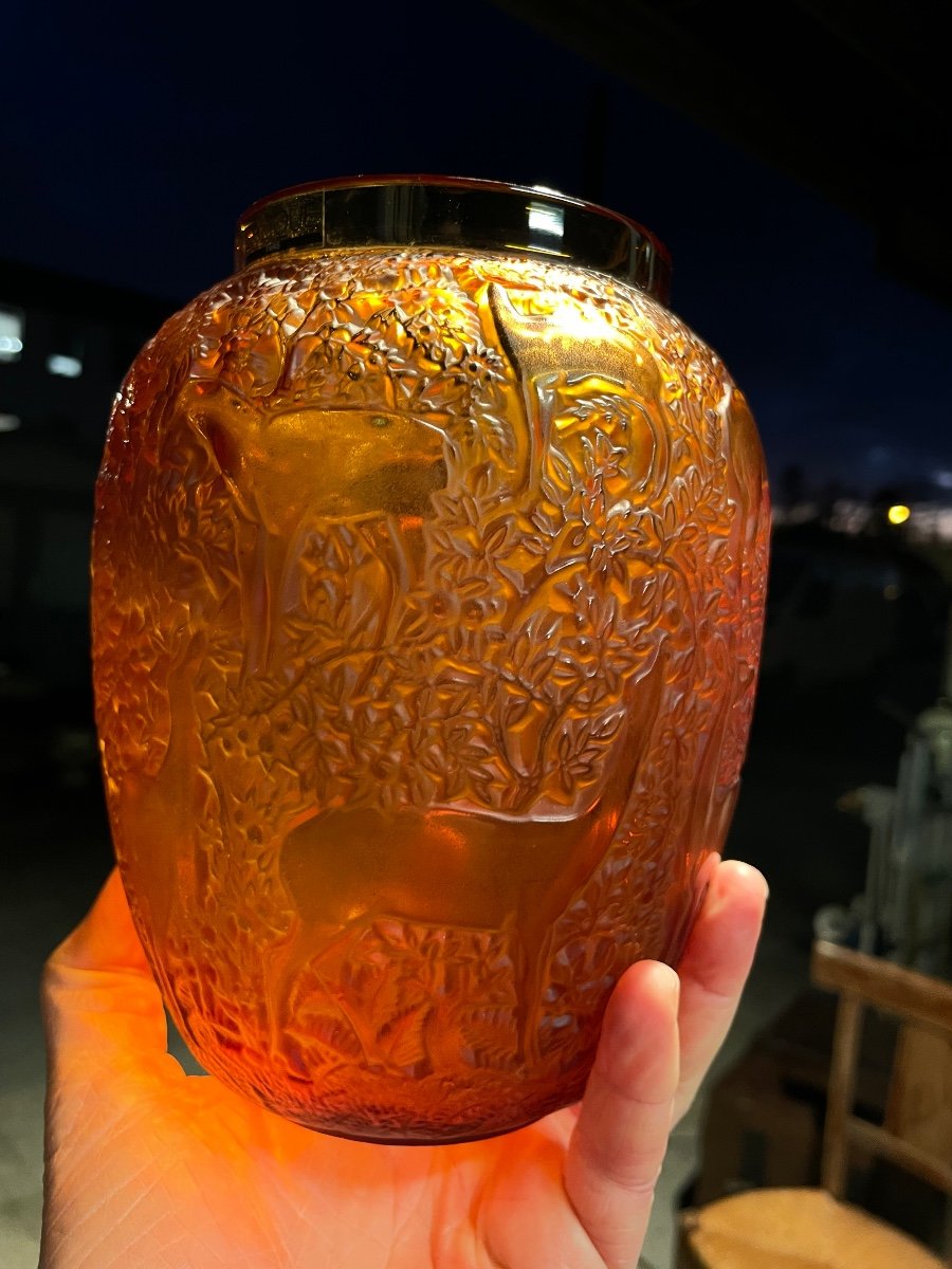 Lalique France - Vase Aux Biches Amber Crystal Art Deco Style-photo-8