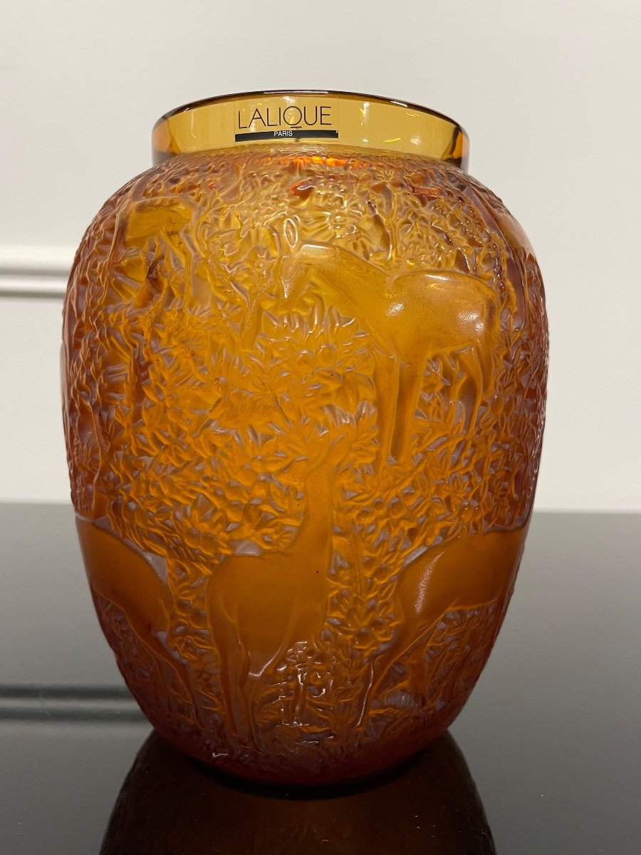 Lalique France - Vase Aux Biches Amber Crystal Art Deco Style