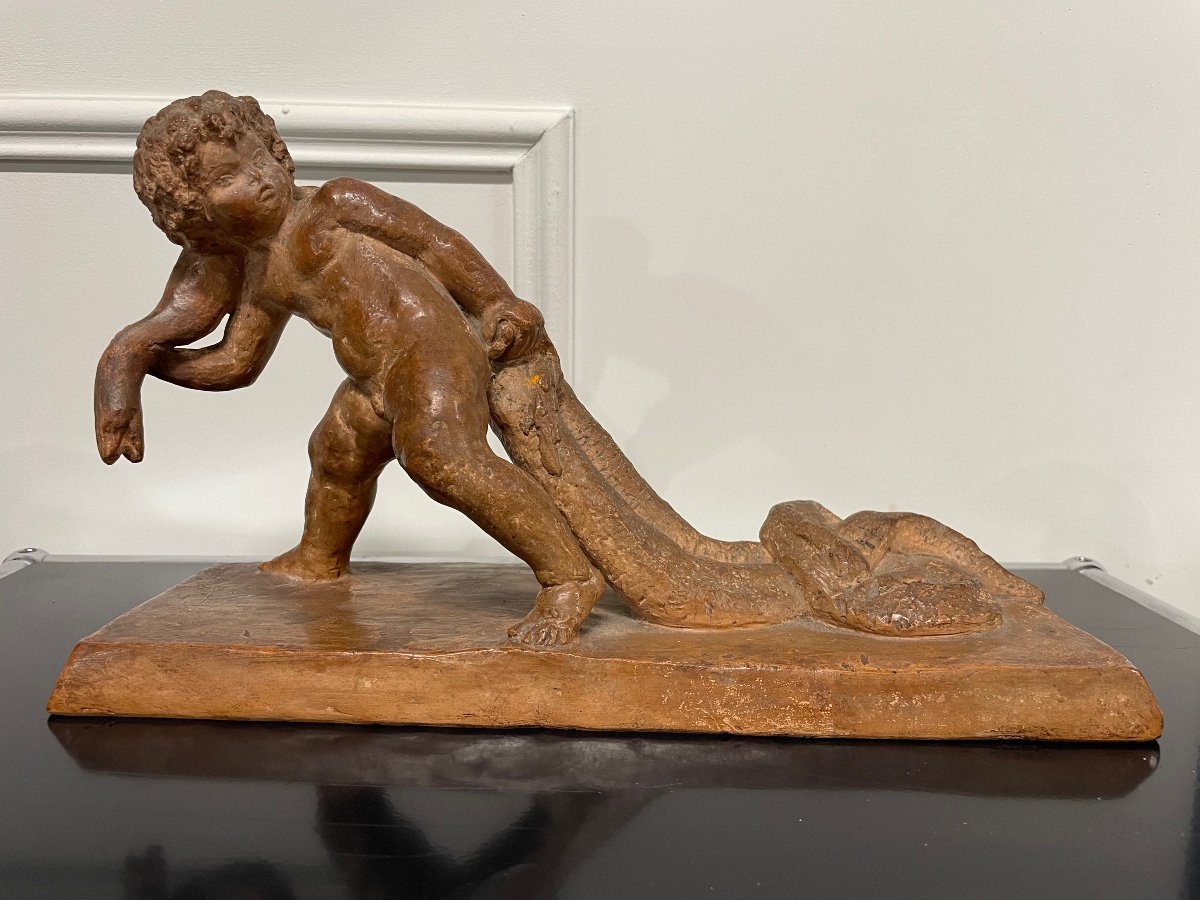 Sylvestre Clerc - Enfant Tirant Un Serpent Sculpture Terre Cuite Susse Frères 