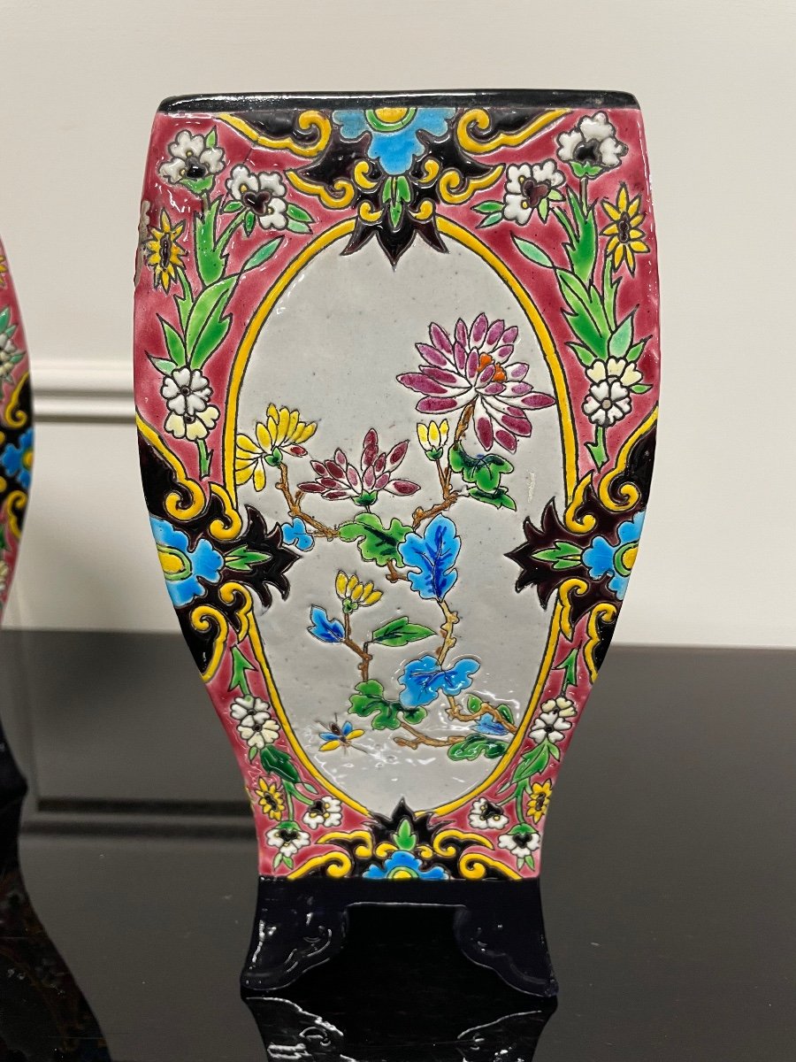 Bordeaux Vieillard - Paire De Vases En émaux Cloisonnés Caranza Japonisant-photo-4