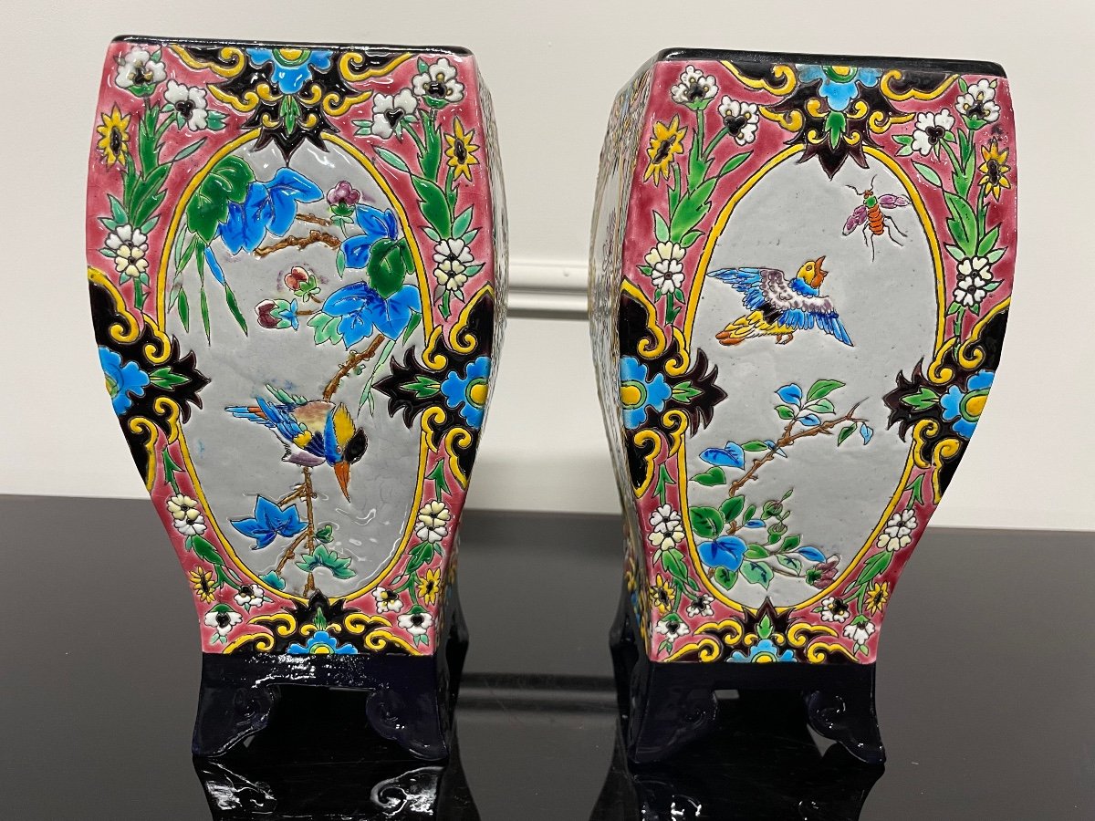 Bordeaux Vieillard - Paire De Vases En émaux Cloisonnés Caranza Japonisant-photo-1