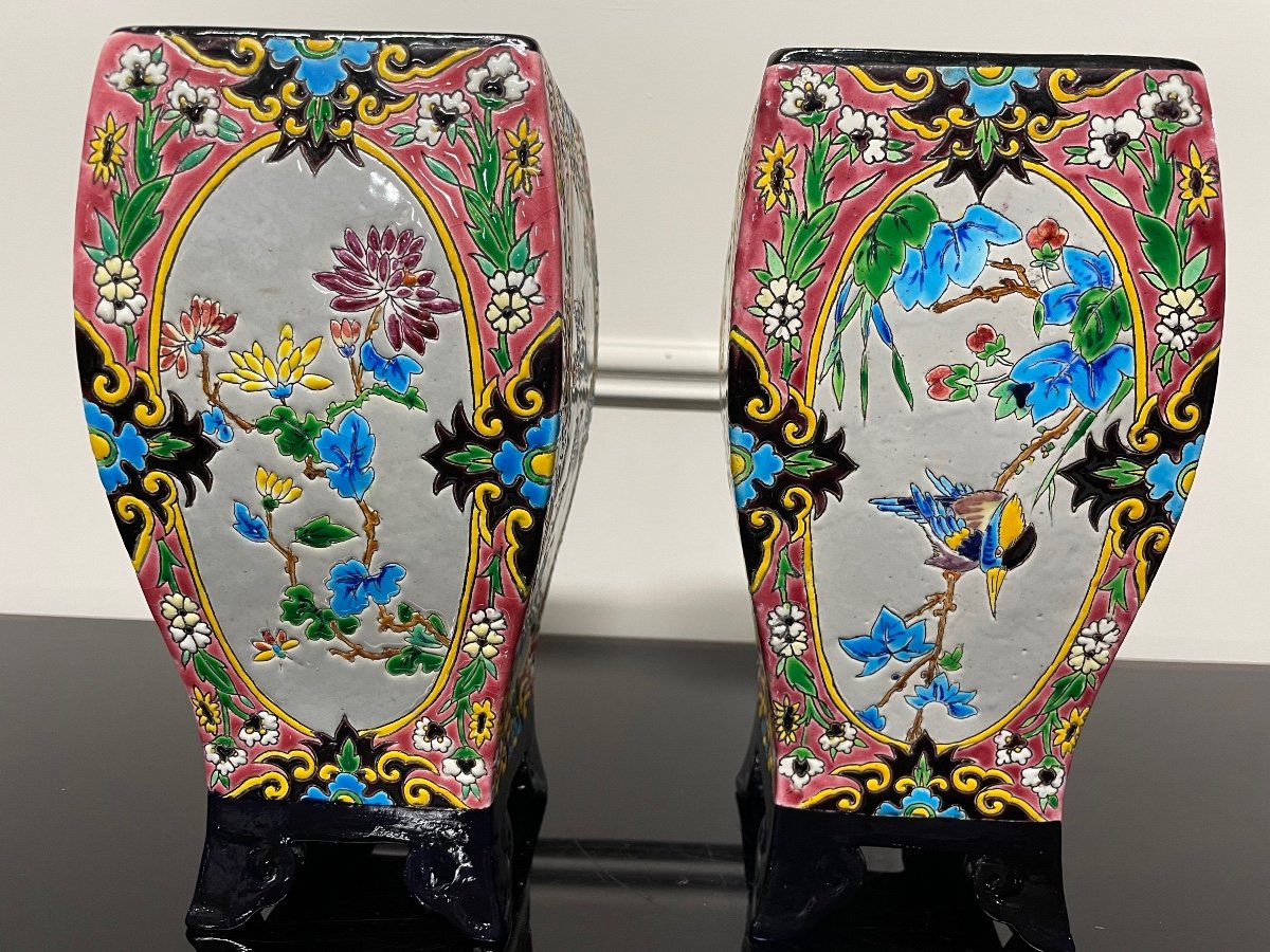 Bordeaux Vieillard - Paire De Vases En émaux Cloisonnés Caranza Japonisant-photo-2