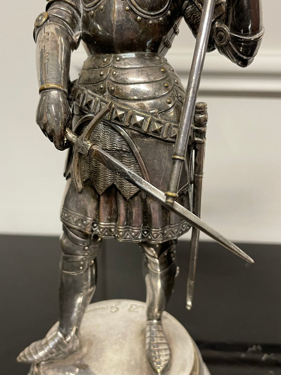 Jean Baptiste Germain - Joan Of Arc In Silver Bronze Armor H: 28 Cm-photo-4