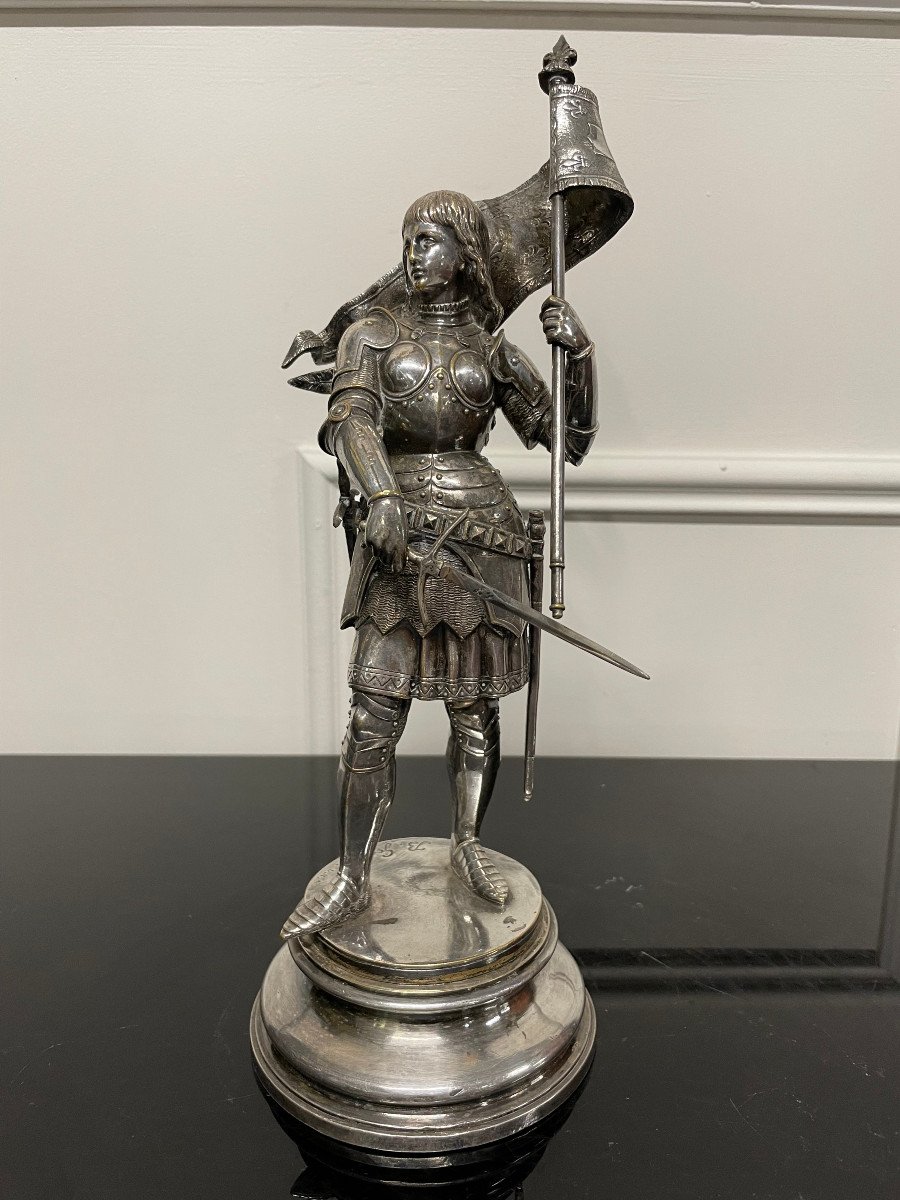 Jean Baptiste Germain - Jeanne d'Arc En Armure Bronze Argenté H: 28 Cm