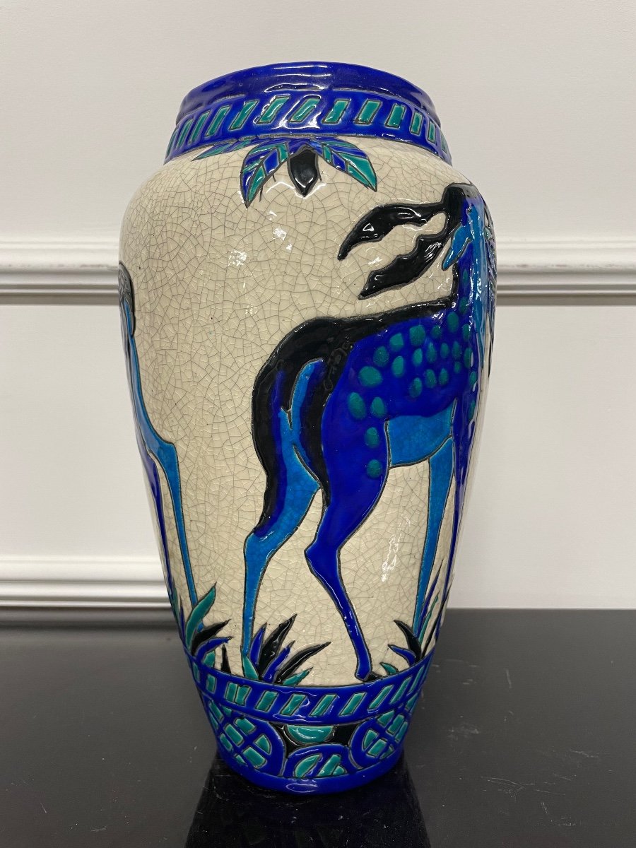 Charles Catteau - Boch La Louvière Vase With Deer Art Deco-photo-1