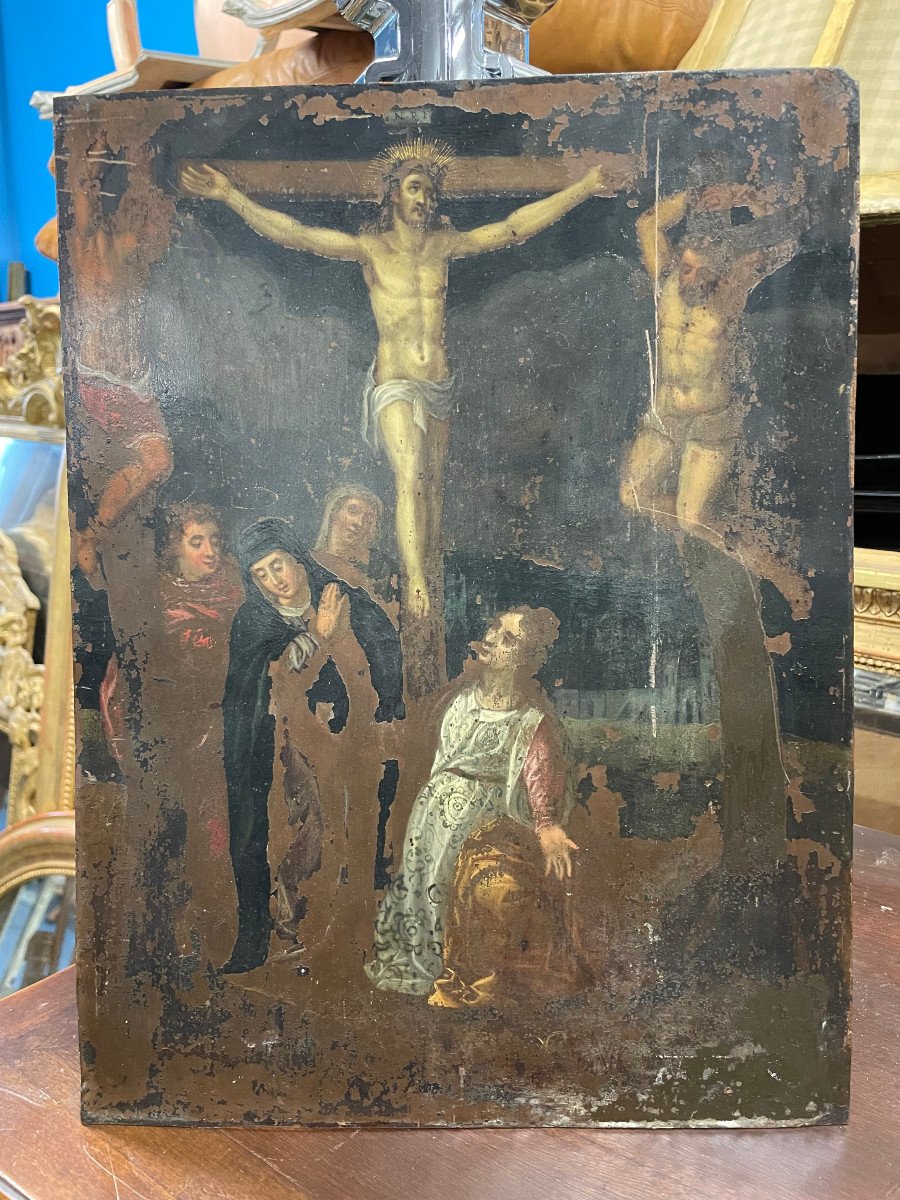 Ecole Française Du XVIIème - Crucifixion Huile Sur Cuivre-photo-2