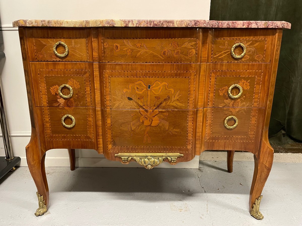 Transition Style Commode In Marquetry With Musical Instruments-photo-2