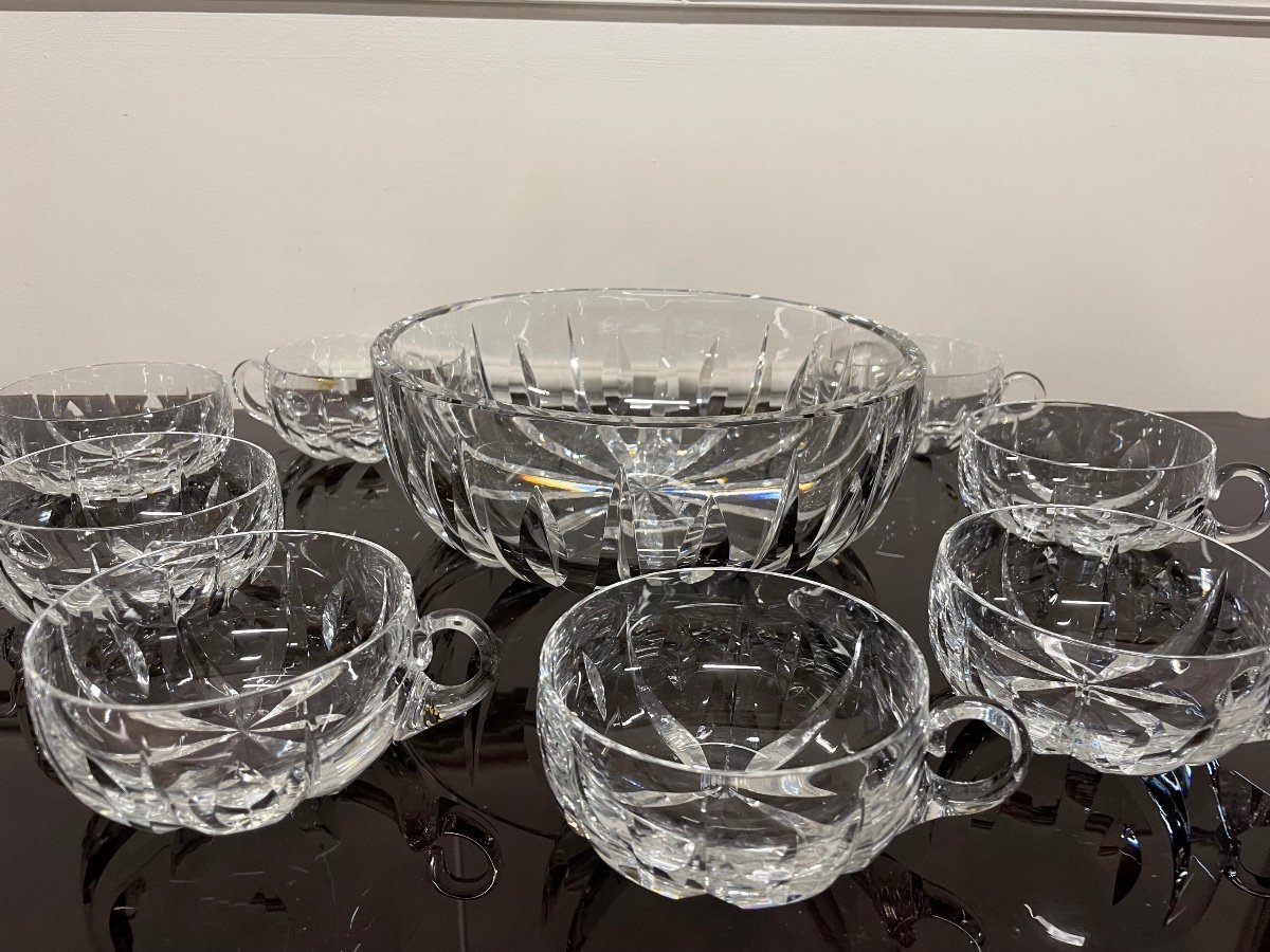 Saint Louis - Engraved Crystal Punch Service Signed Salad Bowl + 8 Cups-photo-2