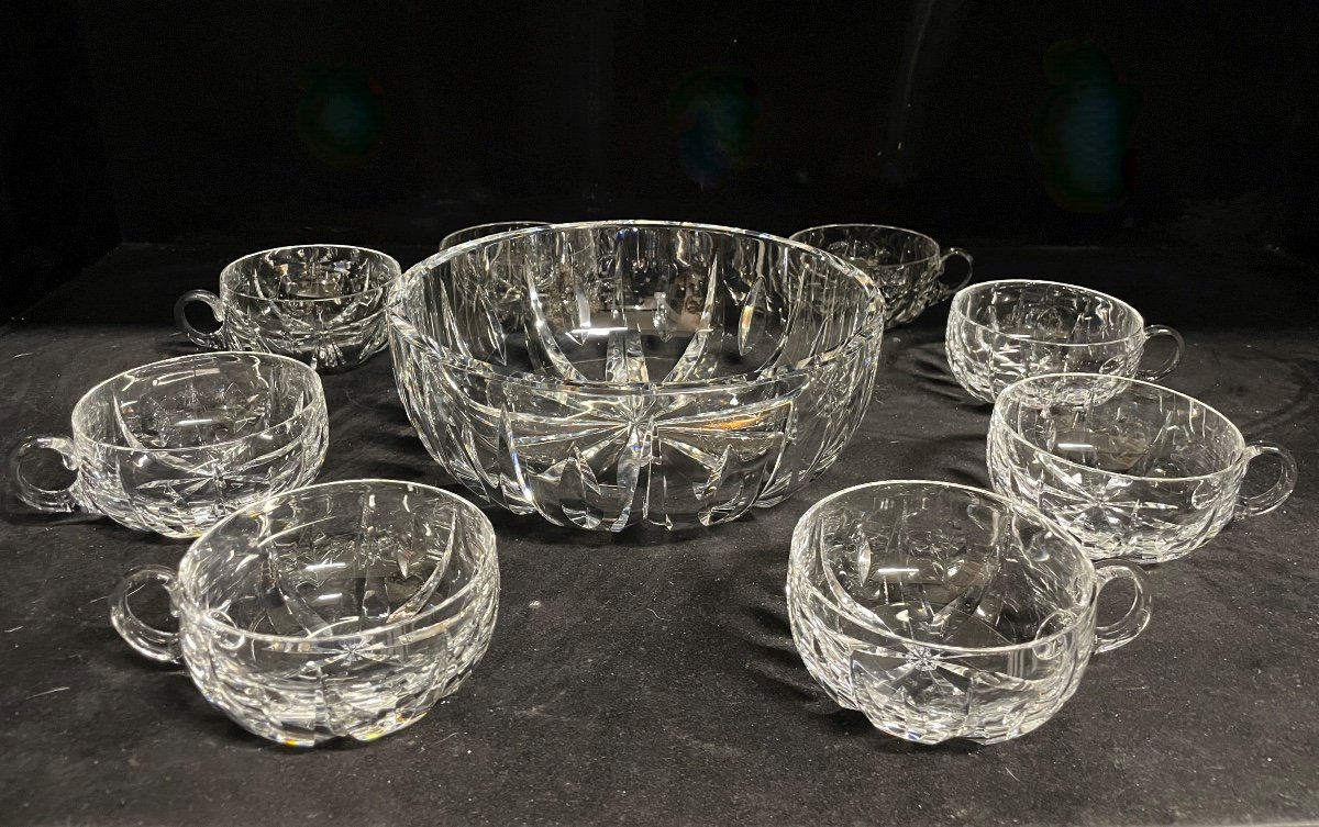 Saint Louis - Engraved Crystal Punch Service Signed Salad Bowl + 8 Cups