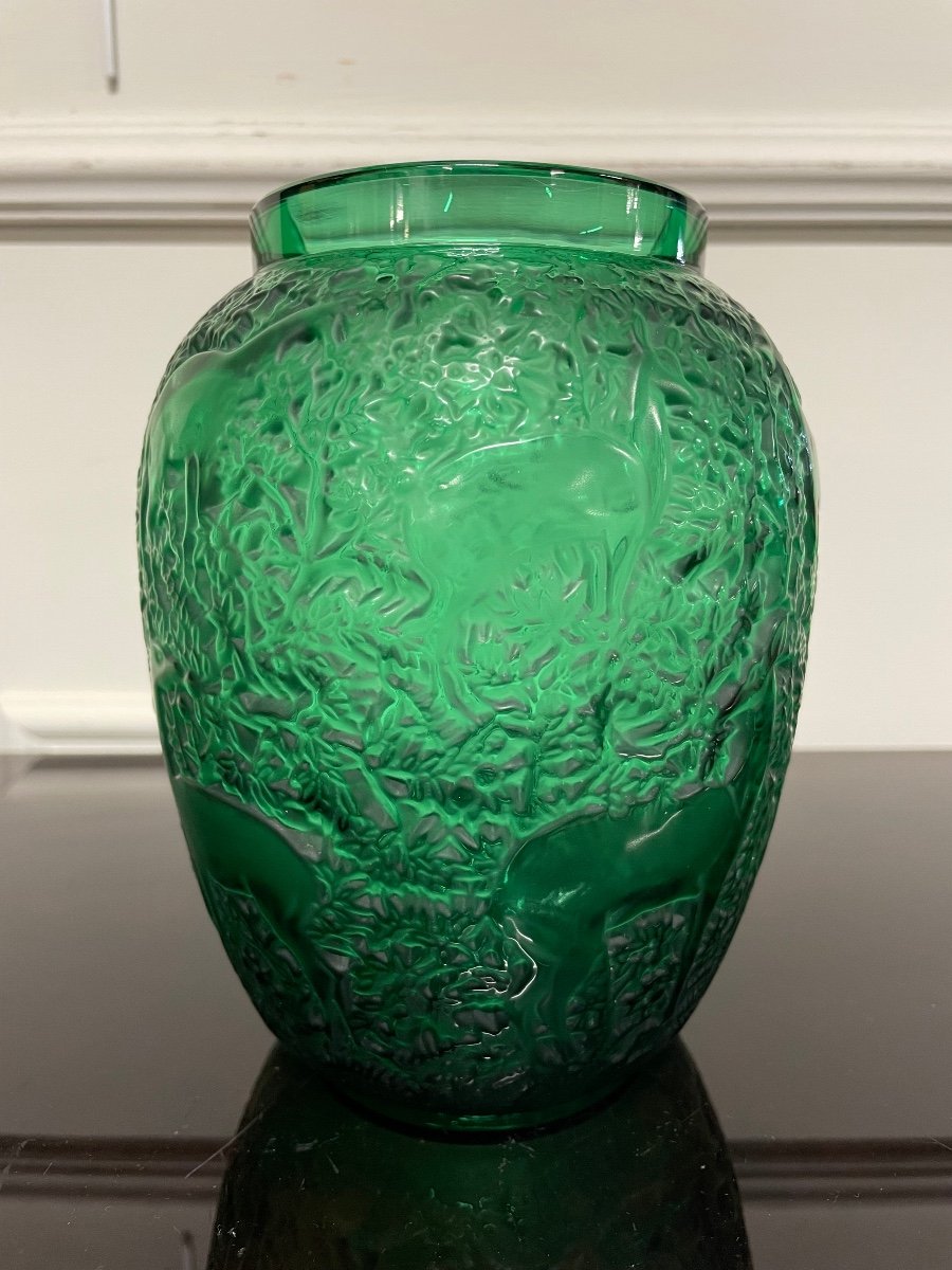 Lalique France - Vase Aux Biches Cristal Vert Style Art Deco-photo-3