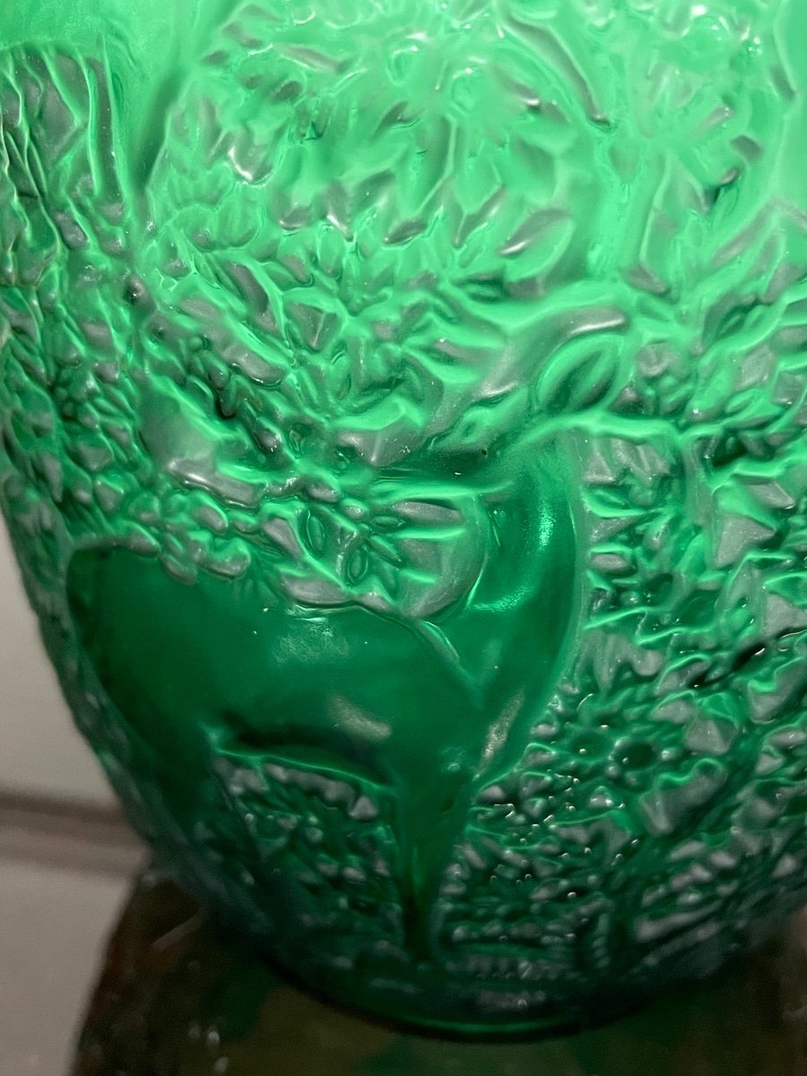 Lalique France - Vase Aux Biches Cristal Vert Style Art Deco-photo-4