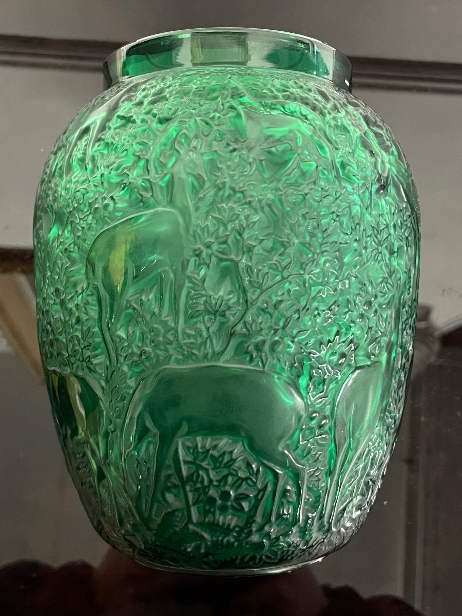 Lalique France - Vase Aux Biches Cristal Vert Style Art Deco-photo-1