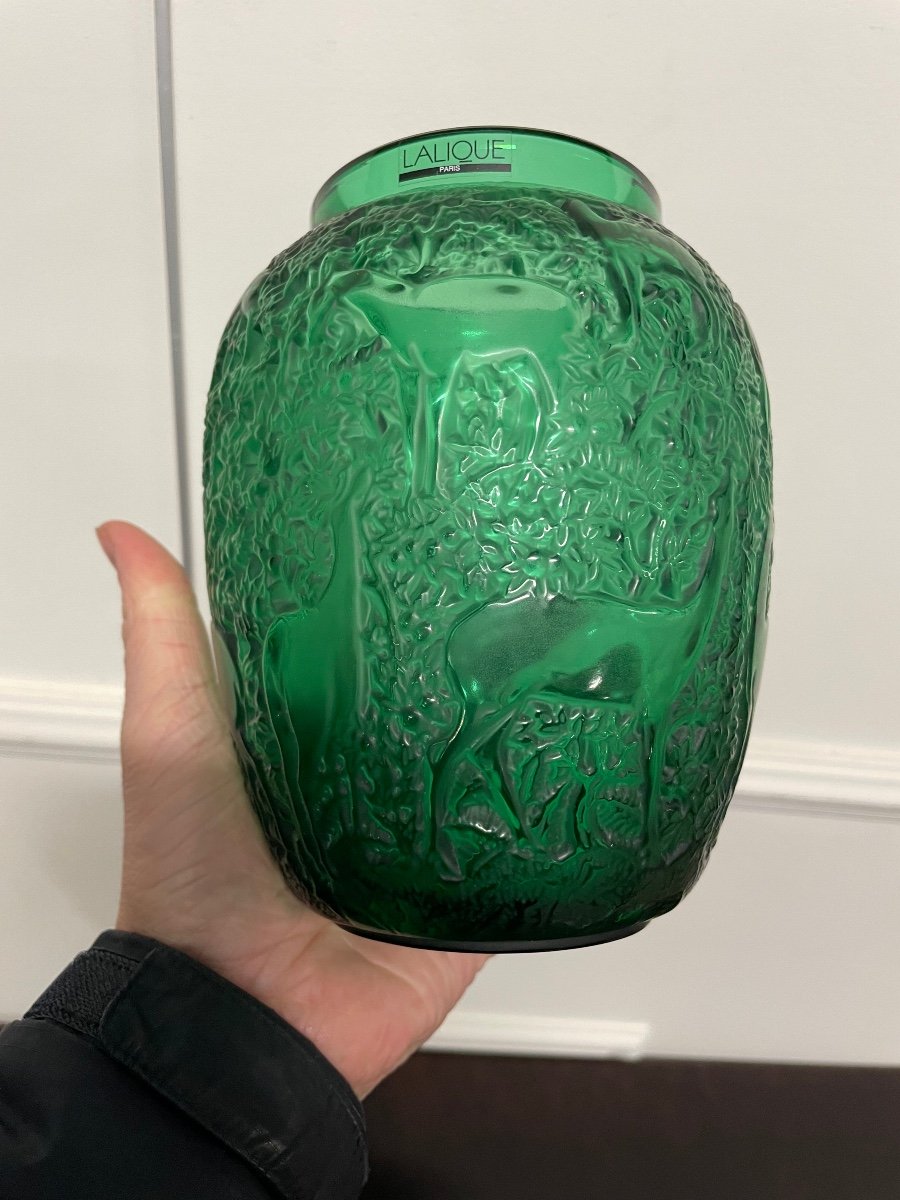 Lalique France - Vase Aux Biches Cristal Vert Style Art Deco-photo-2