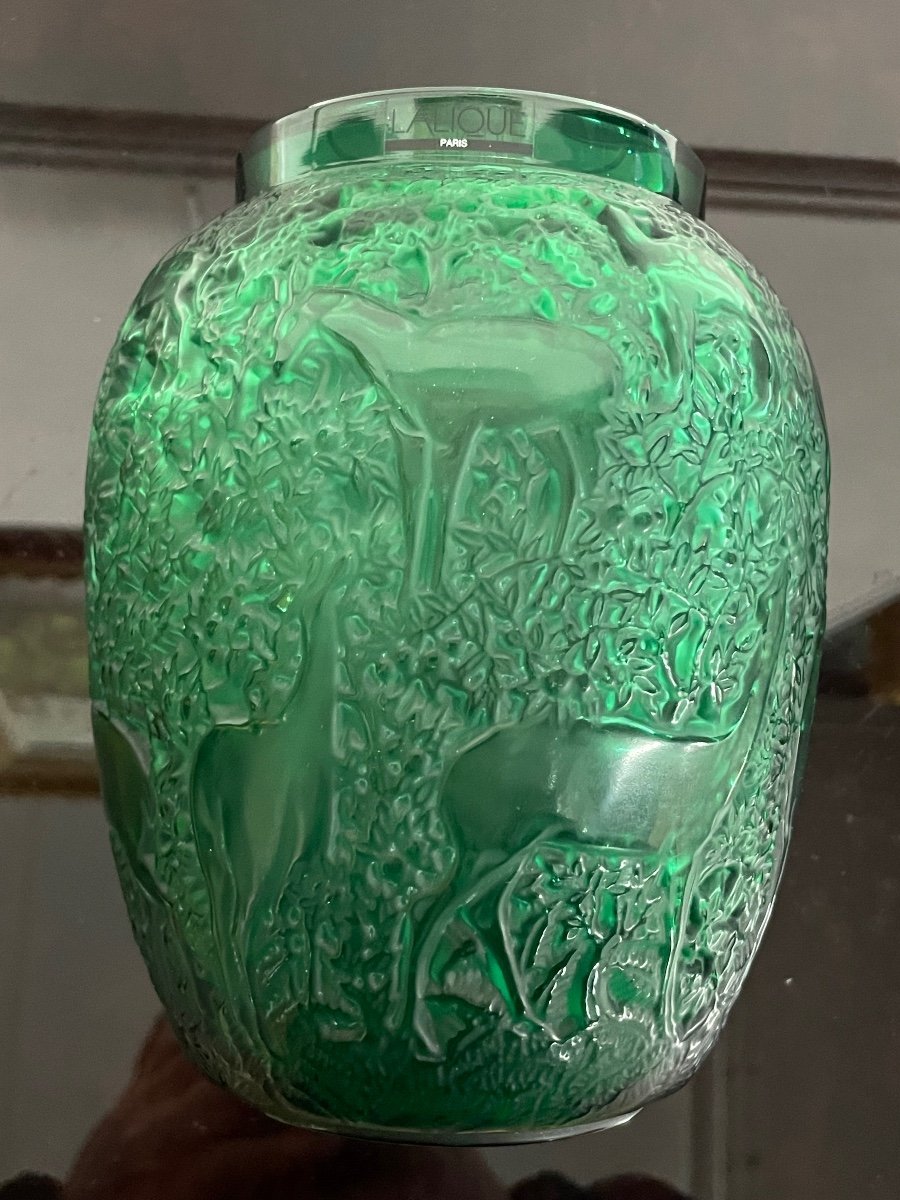 Lalique France - Vase Aux Biches Cristal Vert Style Art Deco-photo-3