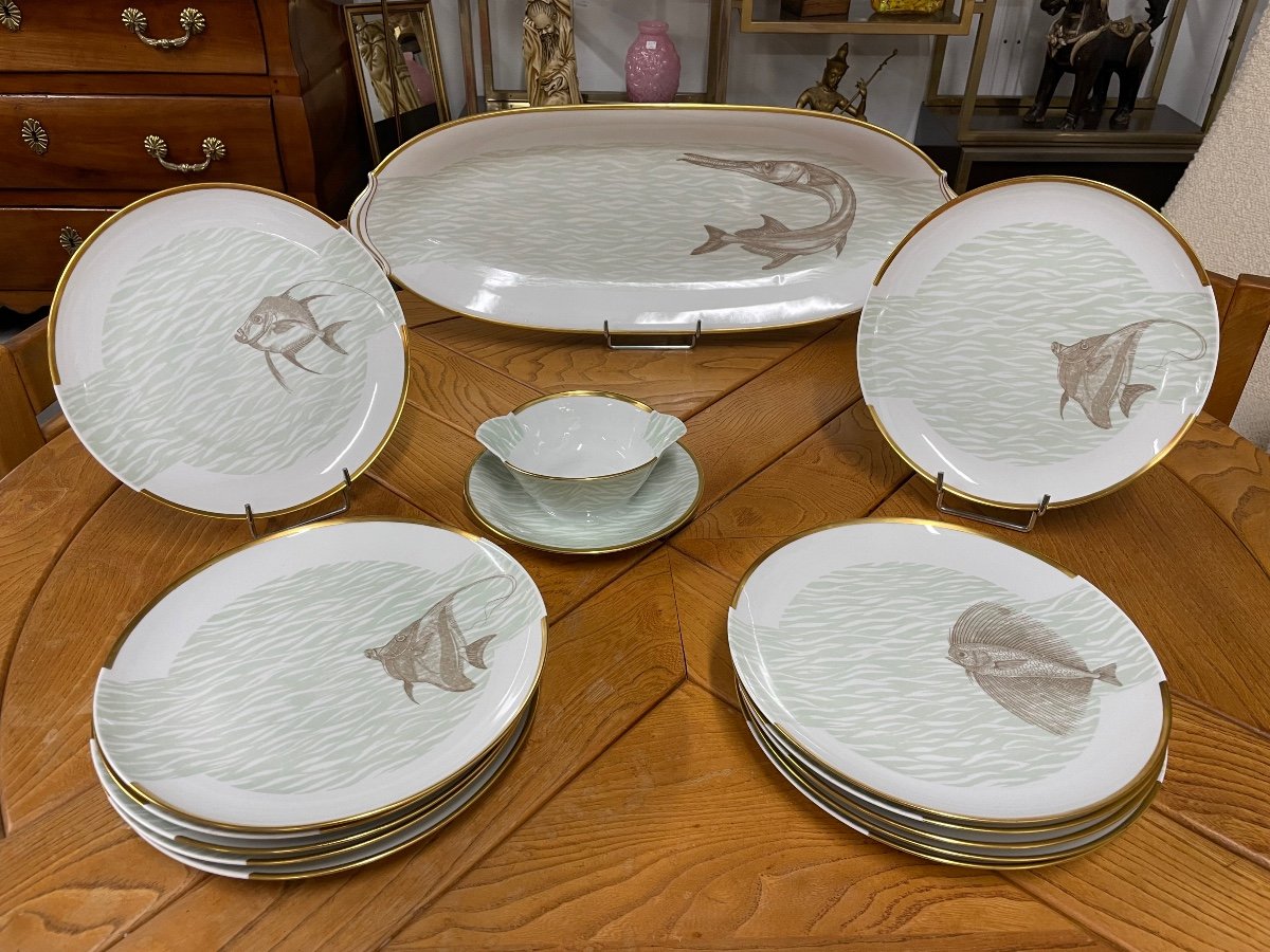 Bernardaud - Fish Service For 12 People In Limoges Porcelain -photo-2