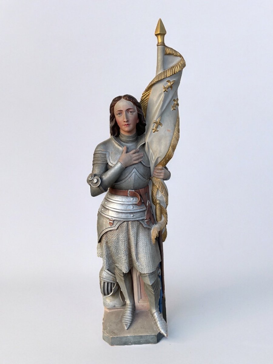 Jeanne D’arc - Grande Sculpture De Chapelle En Terre Cuite H: 140 Cm