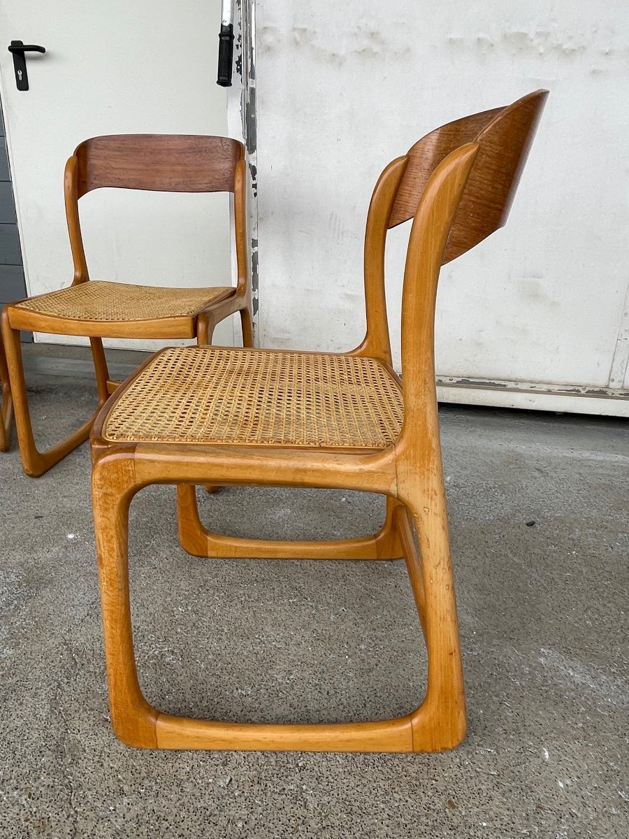 Baumann - Suite Of 4 Cane Sled Model Chairs In Light Wood-photo-3