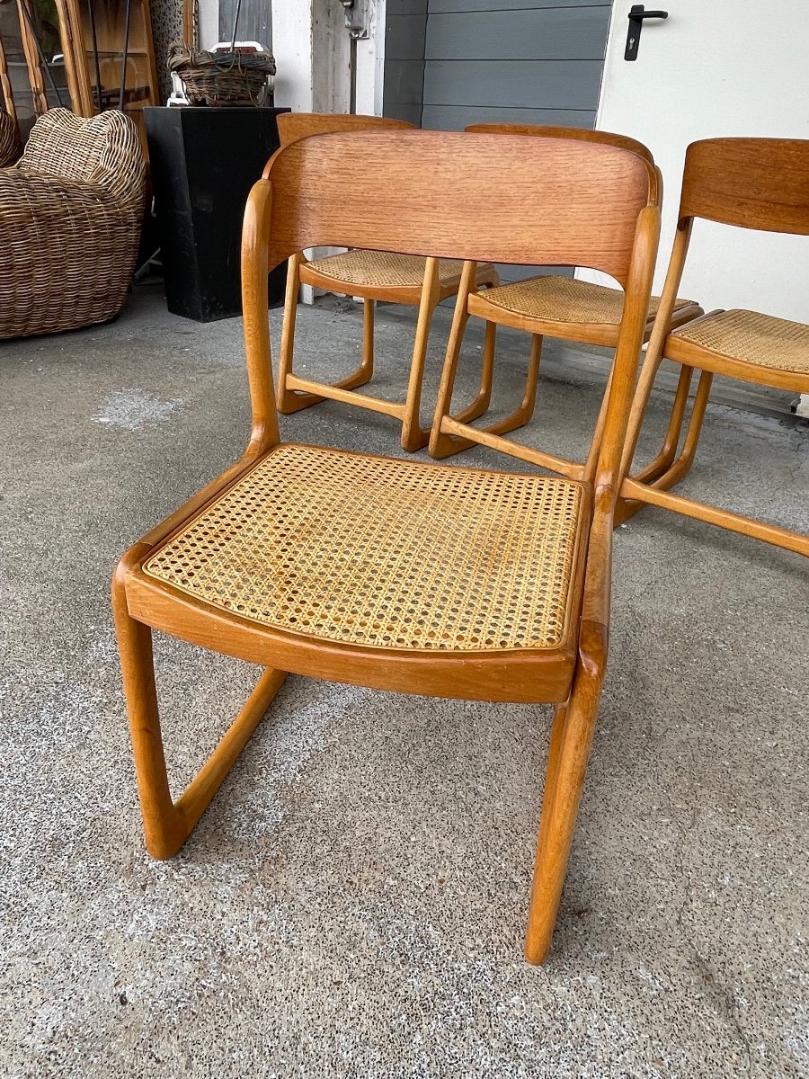 Baumann - Suite Of 4 Cane Sled Model Chairs In Light Wood-photo-2