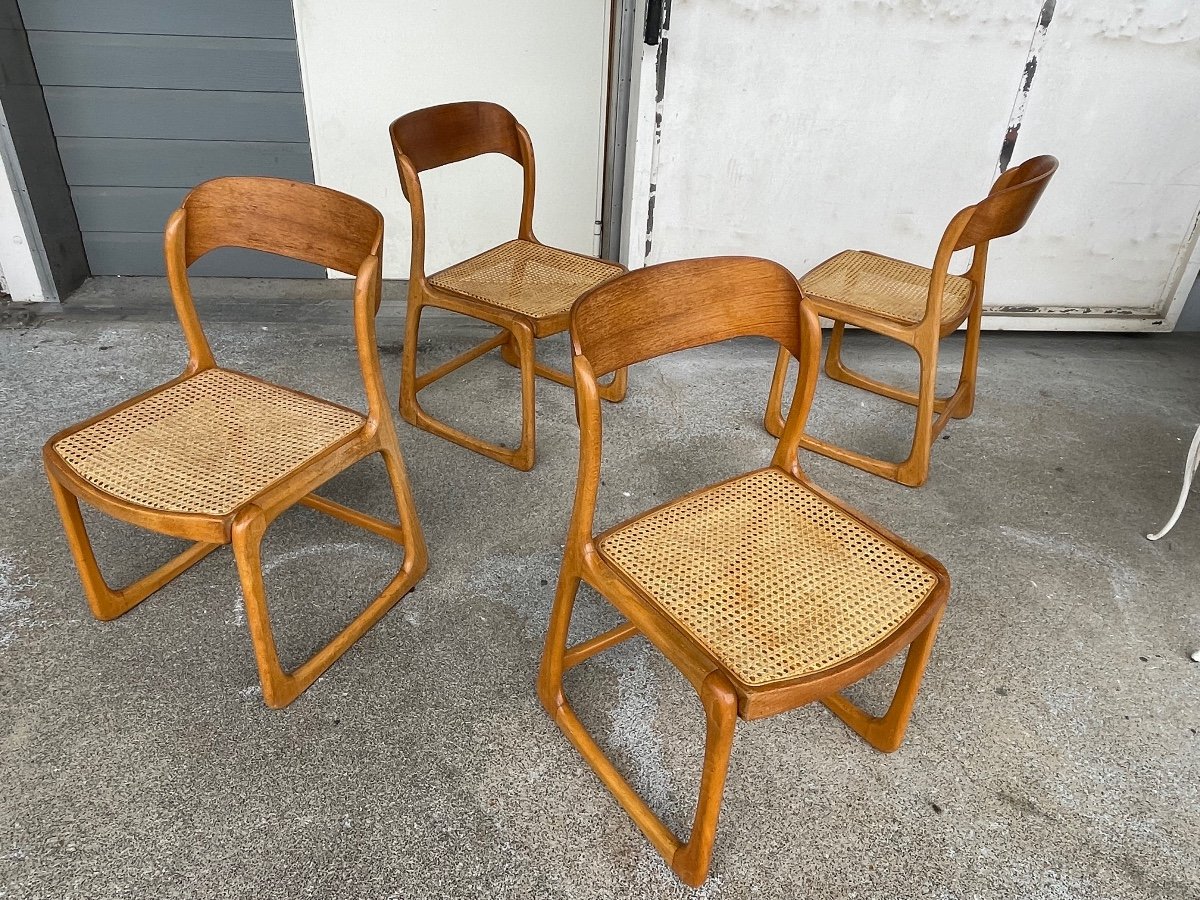 Baumann - Suite De 4 Chaises Cannées Modèle Traineau Luge En Bois Clair-photo-4