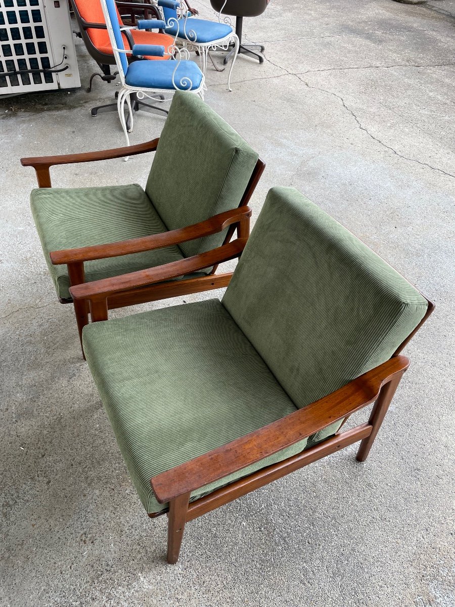 Paire De Fauteuils Scandinaves Tissus Velours Vert Circa 1960-photo-3