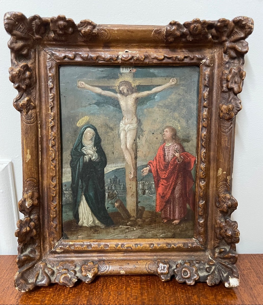 école Française Du 17ème - Crucifixion Peinture Sur Cuivre 