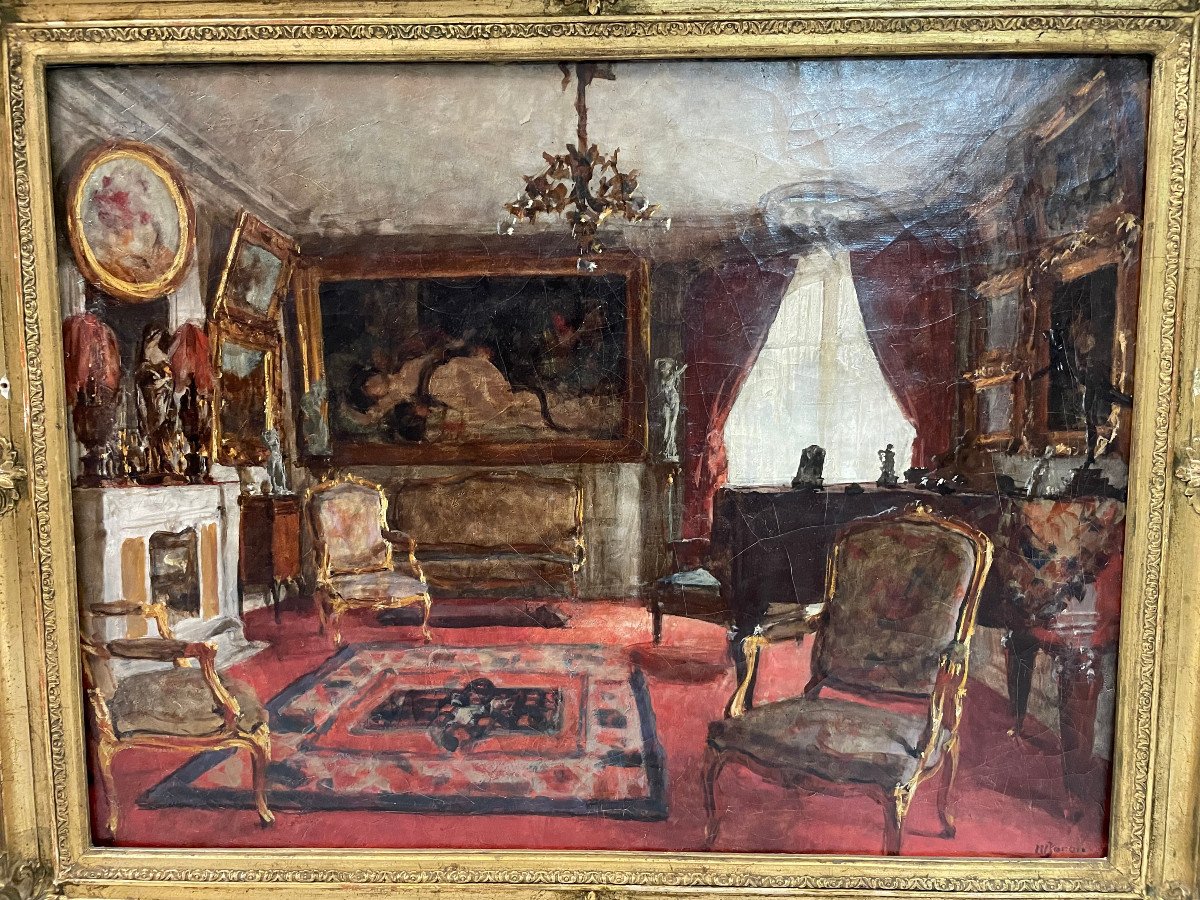 Henri Charles Antoine Baron - Vue d'Intérieur Salon Huile Sur Toile Fin XIXème-photo-3