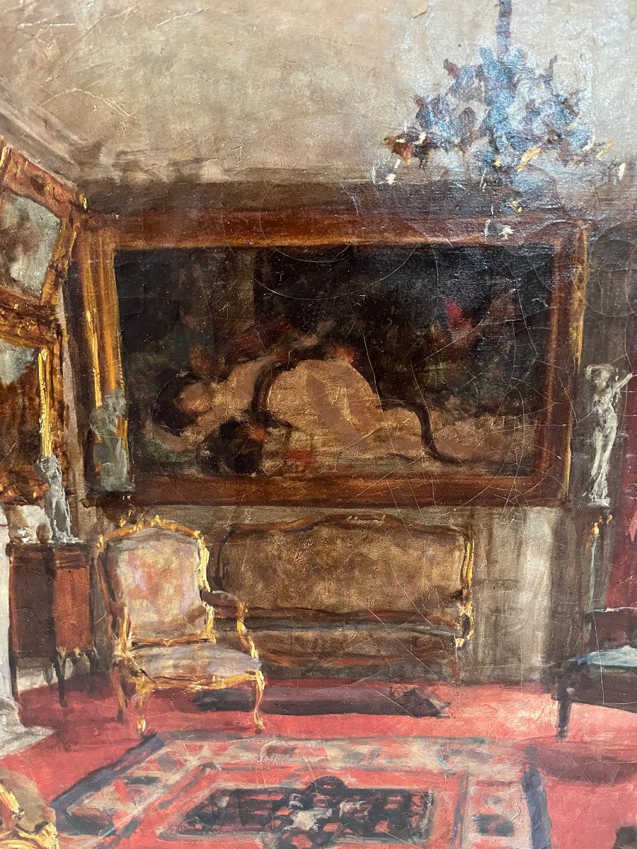 Henri Charles Antoine Baron - Vue d'Intérieur Salon Huile Sur Toile Fin XIXème-photo-1