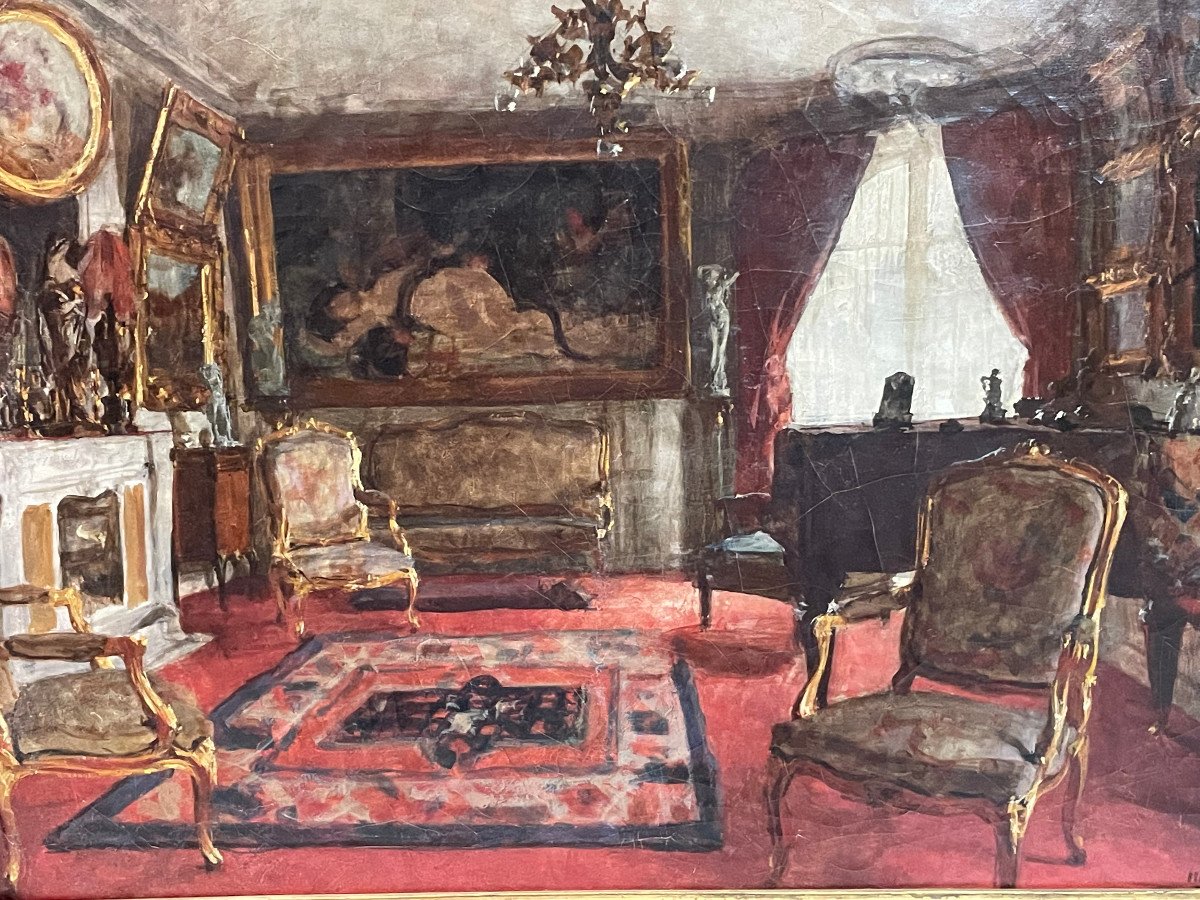 Henri Charles Antoine Baron - Vue d'Intérieur Salon Huile Sur Toile Fin XIXème-photo-6