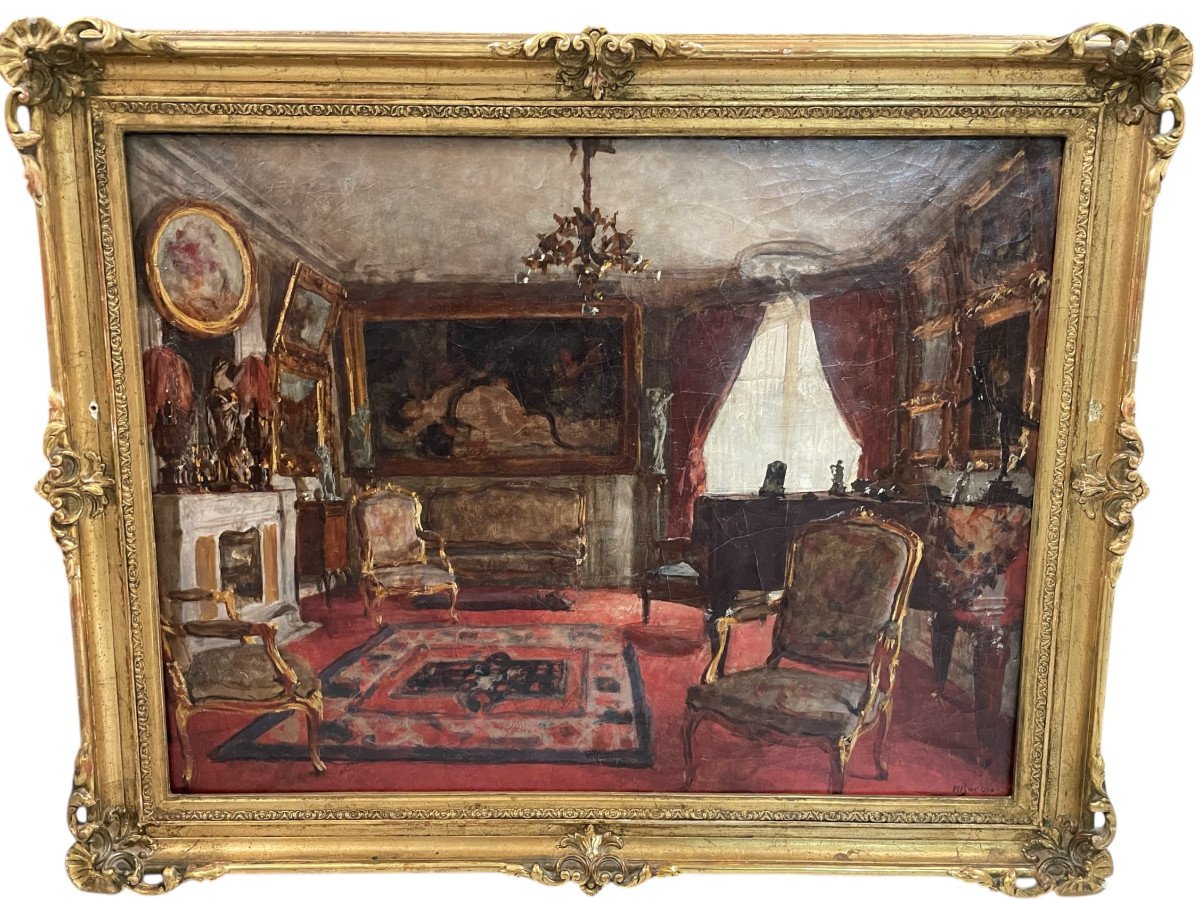 Henri Charles Antoine Baron - Vue d'Intérieur Salon Huile Sur Toile Fin XIXème