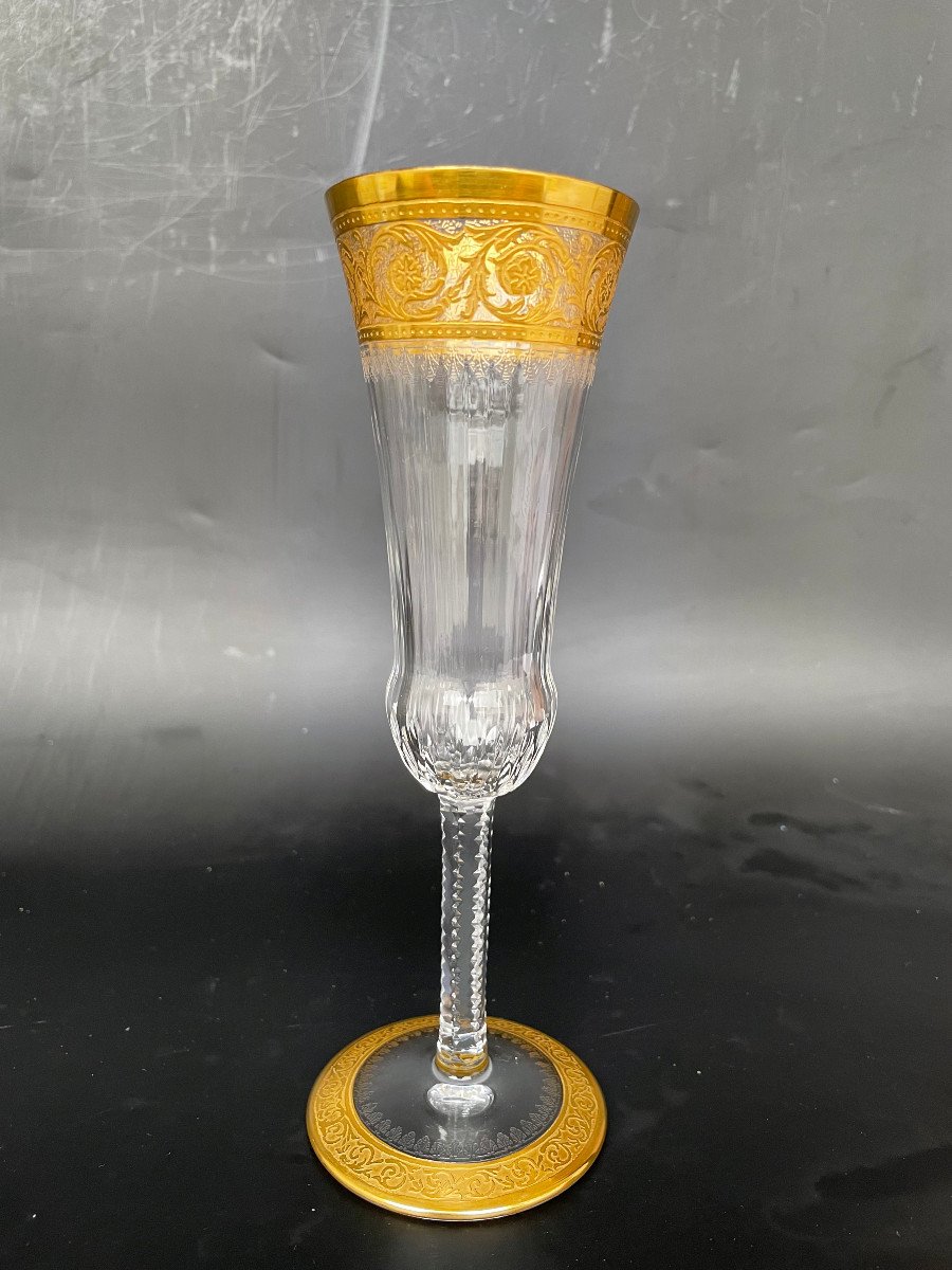 6 Champagne Flutes - Saint Louis Model Thistle Golden Crystal-photo-3